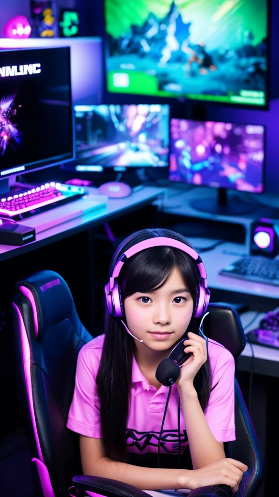 
Menerjemahkan teks dengan kamera
a beautiful  aged 7 years with long black hair, wearing a gaming headset, wearing gaming clothes, is sitting in front of a computer in her room lit by purple neon lights