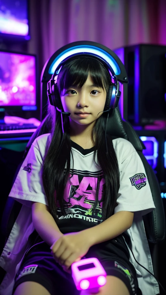 Menerjemahkan teks dengan kamera
a beautiful aged 7 years with long black hair, wearing a gaming headset, wearing gaming clothes, is sitting in front of a computer in her room lit by purple neon lights