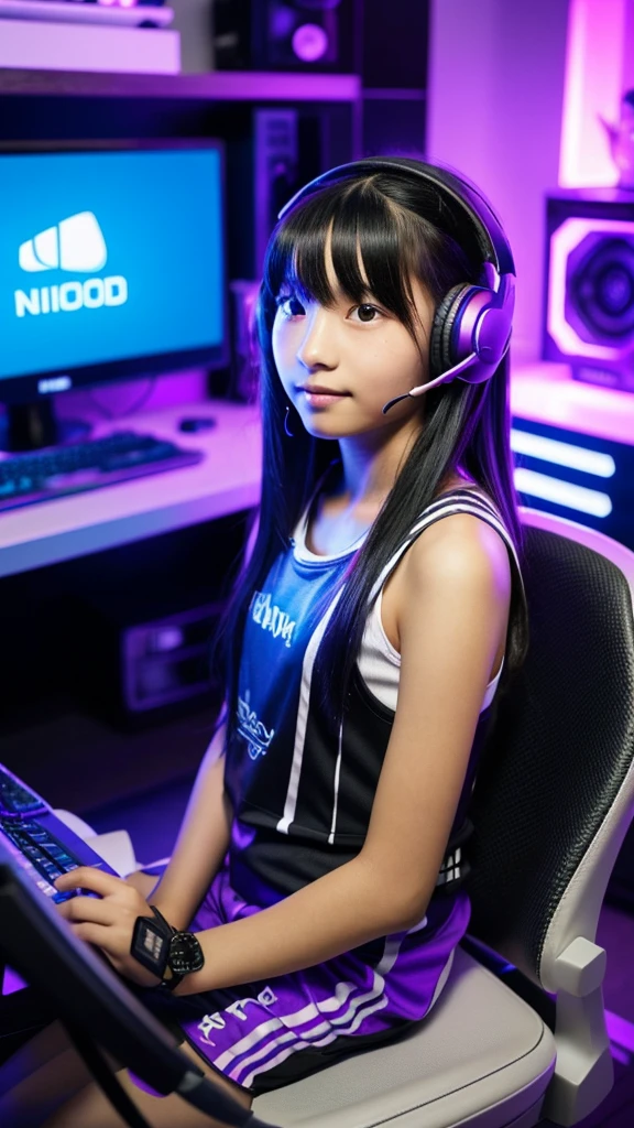 Cute naked north American gamer Girl, sitting on a gaming chair, in a dark Gaming room, in front of a pc, a lot of RGB lights , masturbating, spread legs, very sweaty