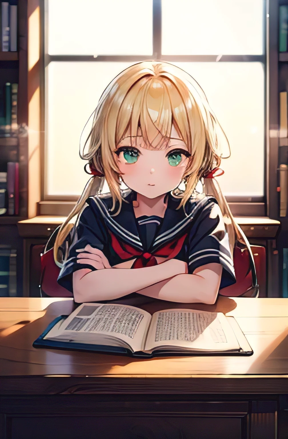 ((masterpiece,best quality, high resolution)), 1girl, solo, green eyes, blonde long hair tied with blue ribbon, blunt bangs, sitting, folded arms on the table, sleep on the folded arms, , white serafuku, red sailor collar, short sleeves, white pleated skirt, (in library), dramatic light, beside window, afternoon light through the window, afternoon, bokeh effect