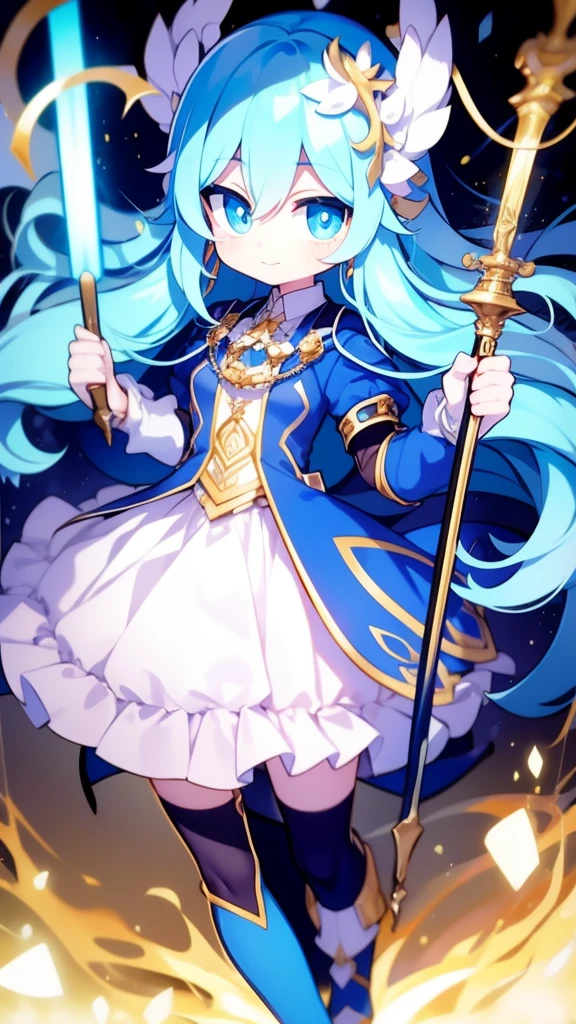  girl，k hd，4K，face expressionless，style of anime，sideface，blue color eyes，white color hair,((full body)),Confused eyes,(default character)SD character, masterpiece,best quality,ultra detailed,4K,super fine illustration,highly detailed beautiful face and eyes,cyan color scheme, lighting,fantasy,extremely solemn atmosphere,long hair,floating hair,smirk,fighting stance,dynamic pose,(holding glowing sword:1.3),particle light,luminescence,plasma,electric current,blue flame,sense of depth,dynamic angle,