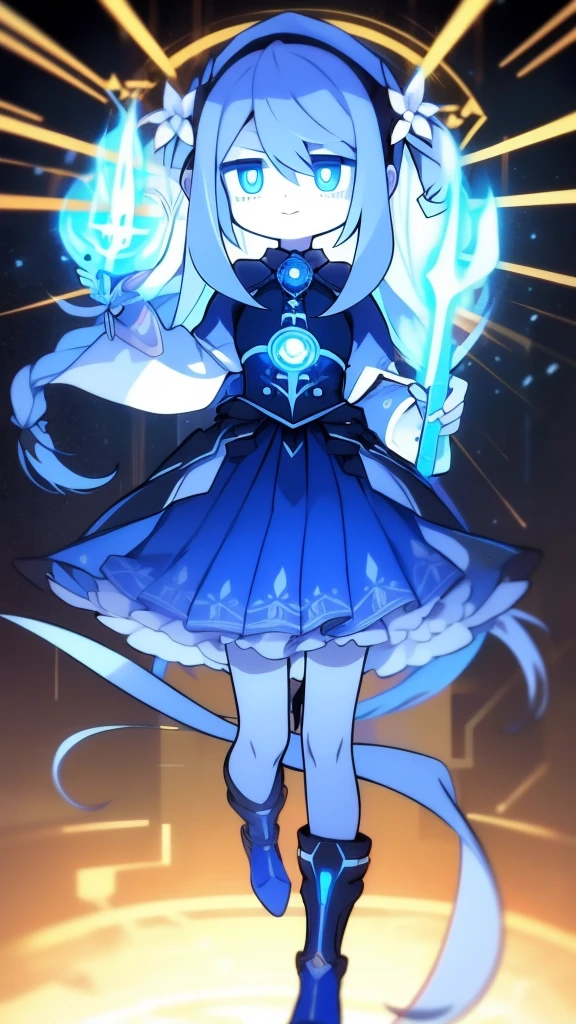 girl,k hd,4K,face expressionless,style of anime,sideface,blue color eyes,white color hair,((full body)),Confused eyes,(default character)SD character, masterpiece,best quality,ultra detailed,4K,super fine illustration,highly detailed beautiful face and eyes,cyan color scheme, lighting,fantasy,extremely solemn atmosphere,long hair,floating hair,smirk,fighting stance,dynamic pose,(holding glowing sword:1.3),particle light,luminescence,plasma,electric current,blue flame,sense of depth,dynamic angle,