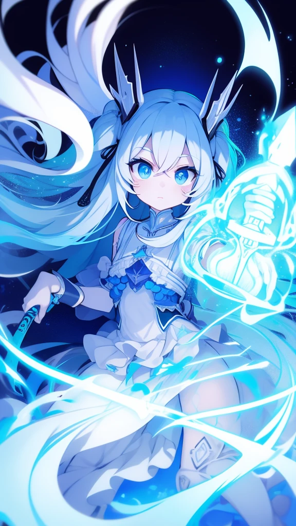  girl，k hd，4K，face expressionless，style of anime，sideface，blue color eyes，white color hair,((full body)),Confused eyes,(default character)SD character, masterpiece,best quality,ultra detailed,4K,super fine illustration,highly detailed beautiful face and eyes,cyan color scheme, lighting,fantasy,extremely solemn atmosphere,long hair,floating hair,smirk,fighting stance,dynamic pose,(holding glowing sword:1.3),particle light,luminescence,plasma,electric current,blue flame,sense of depth,dynamic angle,