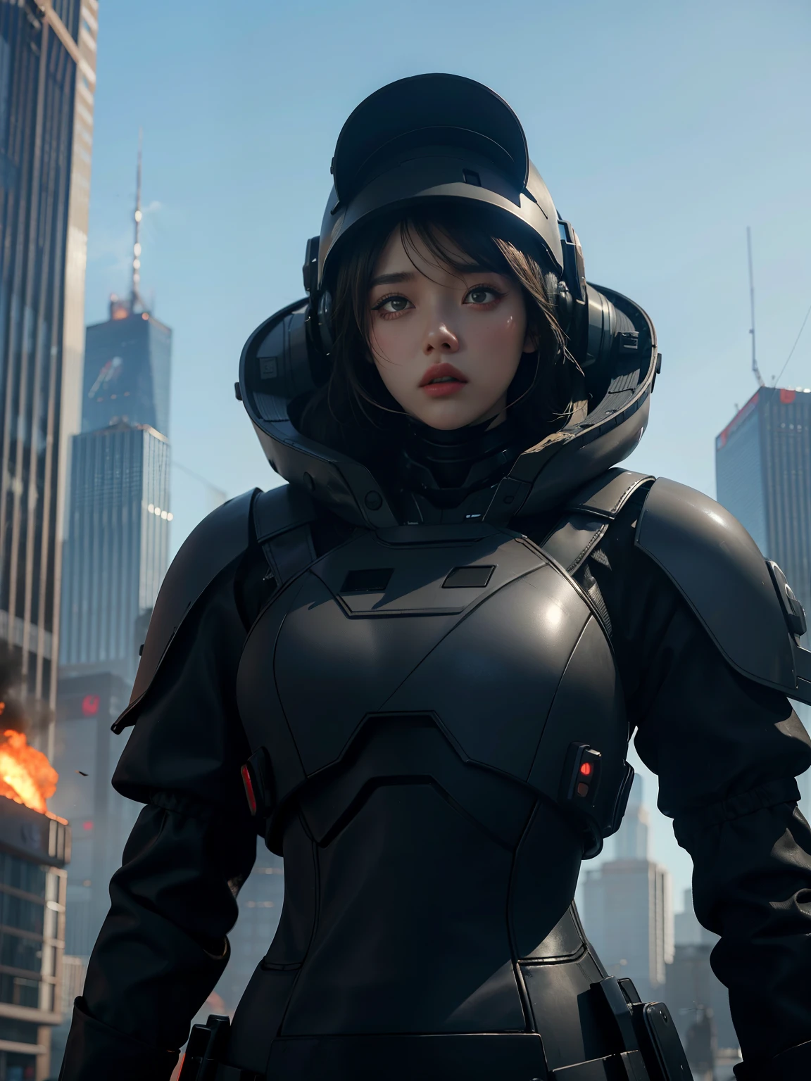 A giant black robot towers over a skyscraper. The city is on fire with murder rays coming out of my eyes.A young female worker with a helmet stands in front of her