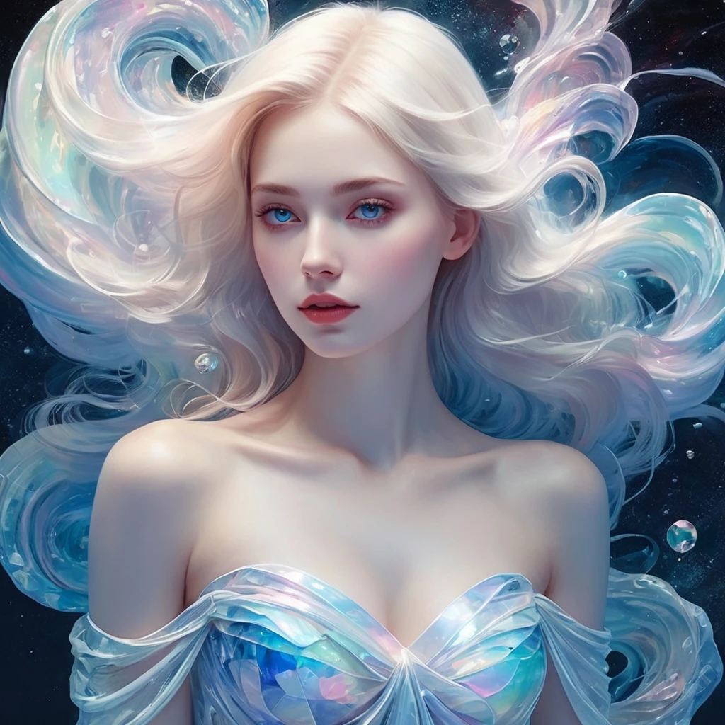 Full body portrait,Full body portrait,Full body portrait,Painting of a beautiful young woman., Mysterious Waves at Night. 3D. White,Shallow. The beauty of the melting universe. Surrealism in Nebula Reflections. Glass texture,translucent,crystal,Full body portrait,