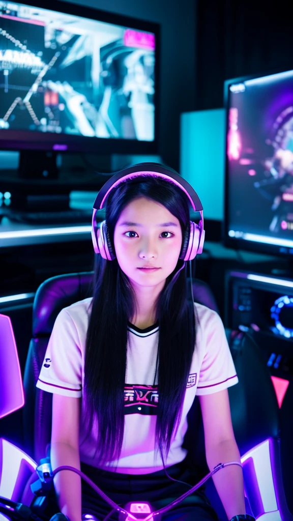 a beautiful  aged 7 ***** with long black hair, wearing a gaming headset, wearing gaming clothes, is sitting in front of a computer in her room lit by purple neon lights