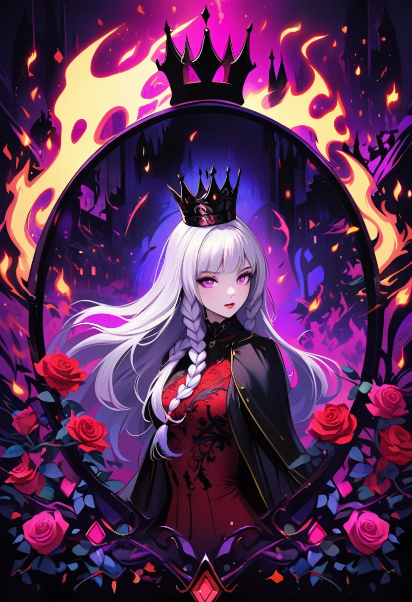 dark fantasy art, goethe art, Portrait of a female vampire, Absolutely beautiful, Pale skin, yinji, (purple hair, purple eyes, long hair, white hair, double braids, gradient hair, She is wearing (Red: 1.3) Red dress, ArmoRedDress, Roses printed on skirt (Black: 1.4) , Dark Castle, Black and color, Dark art style, (The view behind the elegant foliage frame),crown, (Black light poster art), Mysterious portal background, Bright colors, (Magic Flame)
