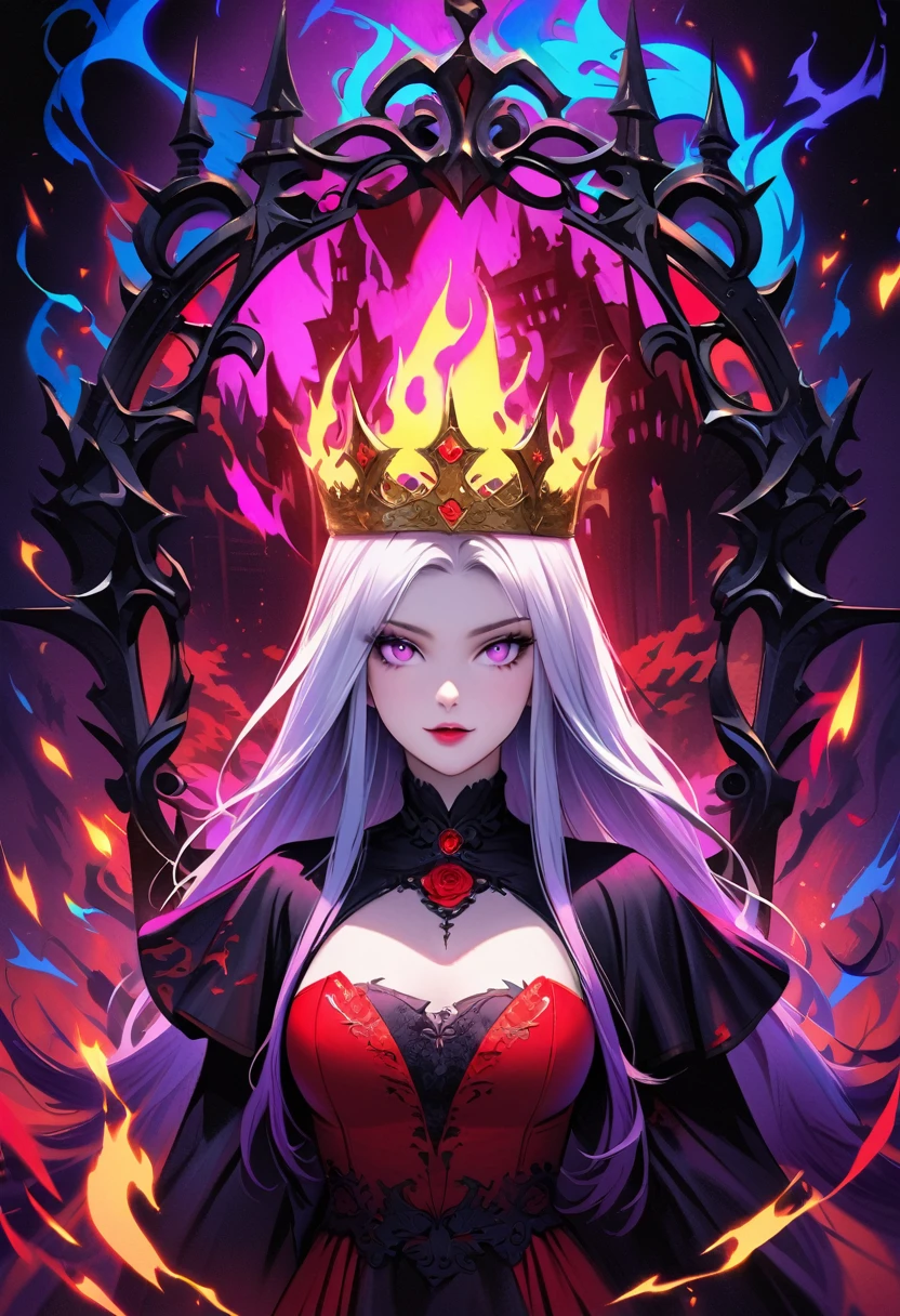 dark fantasy art, goethe art, Portrait of a female vampire, Absolutely beautiful, Pale skin, yinji, (purple hair, purple eyes, long hair, white hair, double braids, gradient hair, She is wearing (Red: 1.3) Red dress, ArmoRedDress, Roses printed on skirt (Black: 1.4) , Dark Castle, Black and color, Dark art style, (The view behind the elegant foliage frame),crown, (Black light poster art), Mysterious portal background, Bright colors, (Magic Flame)