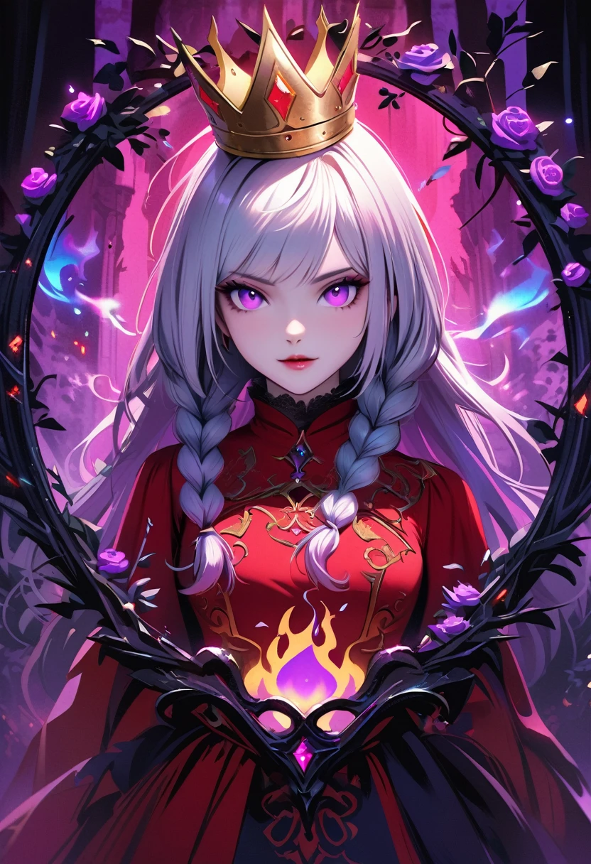 dark fantasy art, goethe art, Portrait of a female vampire, Absolutely beautiful, Pale skin, yinji, (purple hair, purple eyes, long hair, white hair, double braids, gradient hair, She is wearing (Red: 1.3) Red dress, ArmoRedDress, Roses printed on skirt (Black: 1.4) , Dark Castle, Black and color, Dark art style, (The view behind the elegant foliage frame),crown, (Black light poster art), Mysterious portal background, Bright colors, (Magic Flame)