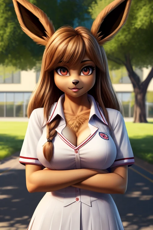 ((best quality)), ((masterpiece)), (detailed), perfect face, Eevee (Pokemon), standing, very fluffy, college uniform, breasts, furry, 4k, 8k, perfect, realistic fur, female,