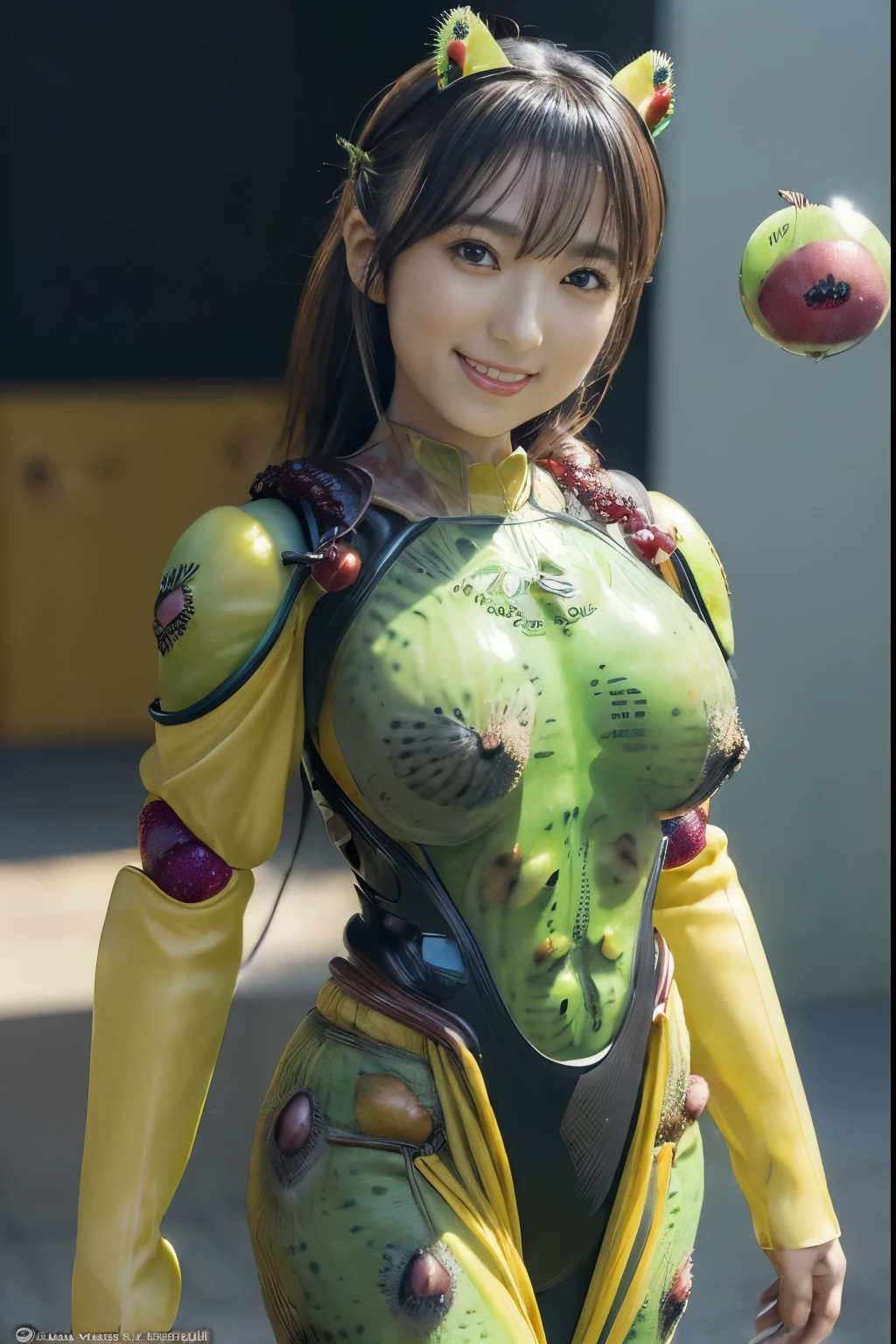 (high resolution,masterpiece,best quality,extremely detailed CG, anime, official art:1.4), realistic, full body, photo, amazing fine details, all intricate, gloss and shiny,awesome many layers, 8k wall paper, 3d, sketch, kawaii, illustration,( solo:1.4), perfect female proportion,villainess, (fusion of kiwi and lady:1.4), (two kiwi fruit balls on breasts costume:1.6), (kiwi fruit lady:1.2), (fusion:1.2), (solo:1.4), (evil smile:1.2), muscular, abs, (kiwi exoskeleton bio insect suit:1.4), (kiwi exoskeleton bio insect armor:1.2), (two big kiwi fruits cover up breasts:1.4), (kiwi fruit headgear:1.1),