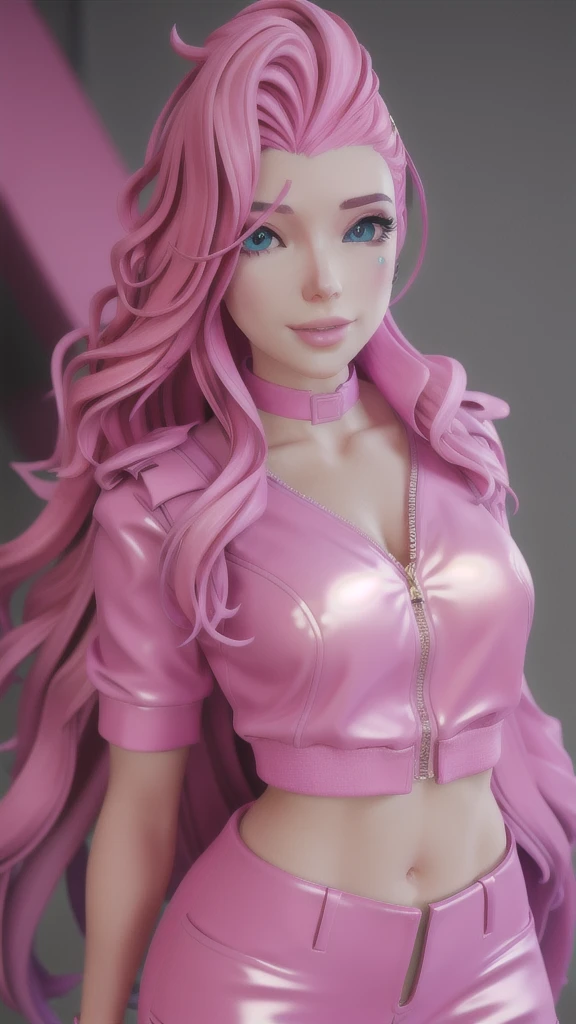 xyzseraphine, 1 girl, 3d render, pink hair, trendy clothing, headshot