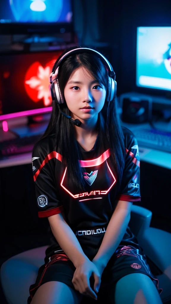 a beautiful aged 7 years with long black hair, wearing a gaming headset, wearing gaming clothes, is sitting in front of a computer in her room lit by red neon lights