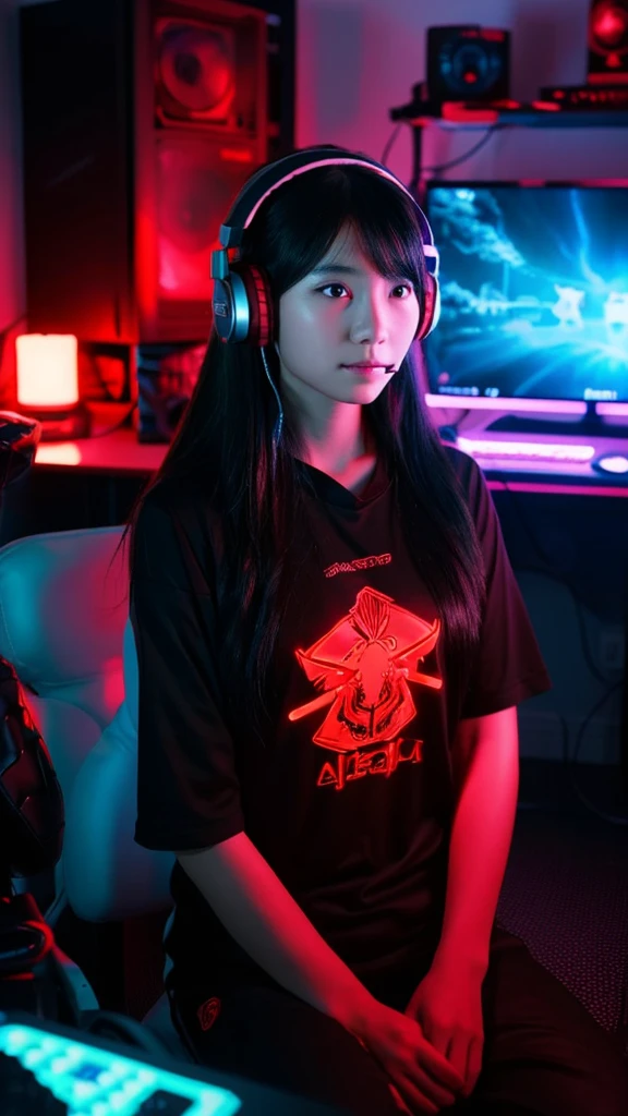 a beautiful aged 7 with long black hair, wearing a gaming headset, wearing gaming clothes, is sitting in front of a computer in her room lit by red neon lights