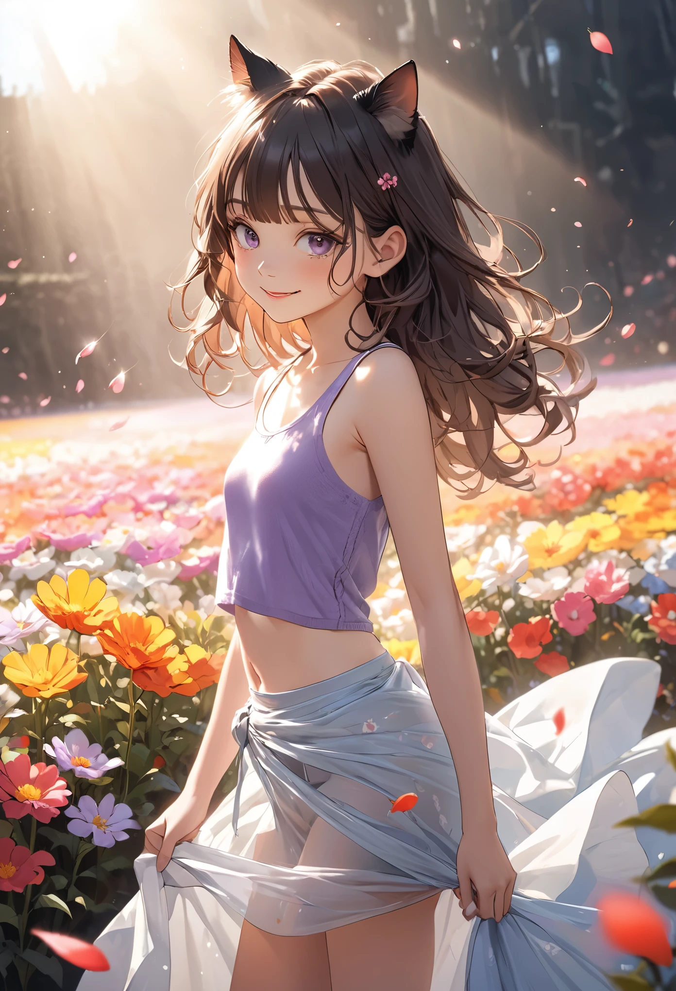 ((Masterpiece)), ((best quality)), (Anime:1.4), (super detail:1.2), (High Definition:1.3), (Professional Photography:1.3), (wide shot), (sharp focus), (perfect light), (()), 1girl, cinematic lighting, Textured skin, (cat ears), pale brown hair, messy medium hair, Cute Beautiful teenage girl, (Healthy slim body), (Knit fabric tank top:1.3), no bra, (exposed neck), slendar body, small breast, ((two-tone hair)), (loose blunt bangs), (shaggy hair), ((Wearing long sarong skirt)), (long eyelashes), naughty smile, blush, (Purple Unfocused eyes), beautiful collarbones, (slightly exposed cute thigh), BREAK, ((best quality)), (super detail), ((pinch the skirt with hand)), (Beautiful colorful flower fields), dancing petals,