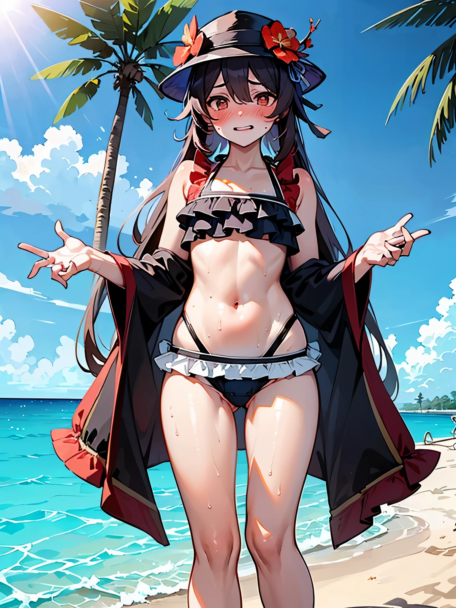 NSFW,hutao\(genshin\),(Swimwear:1.8),(Perfect hands),(Perfect Anatomy),(masterpiece),(highest quality),(Embarrassed:1.5),blush,Feeling embarrassed,Lift your butt,Leg spread,Sandy Beach,Palm tree,Rock Shade,1 middle-aged male,Man standing behind