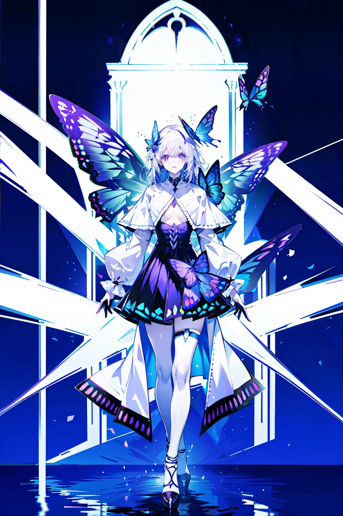 Silver Hair,Butterfly,Long white hair,8k wallpaper,Detailed background,Maximum resolution,Deep V big chest,hair covering one eye,try,Church Background,purple Rose,Tight,moon,High heel