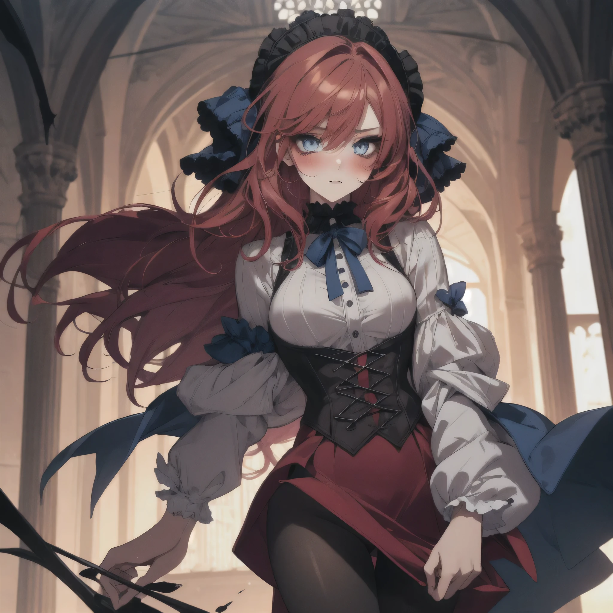 1girl, short light red hair, sexy, blue eyeliner makeup, blue eyes, Flerting, In love, blushing, gothic, cute, pantyhose