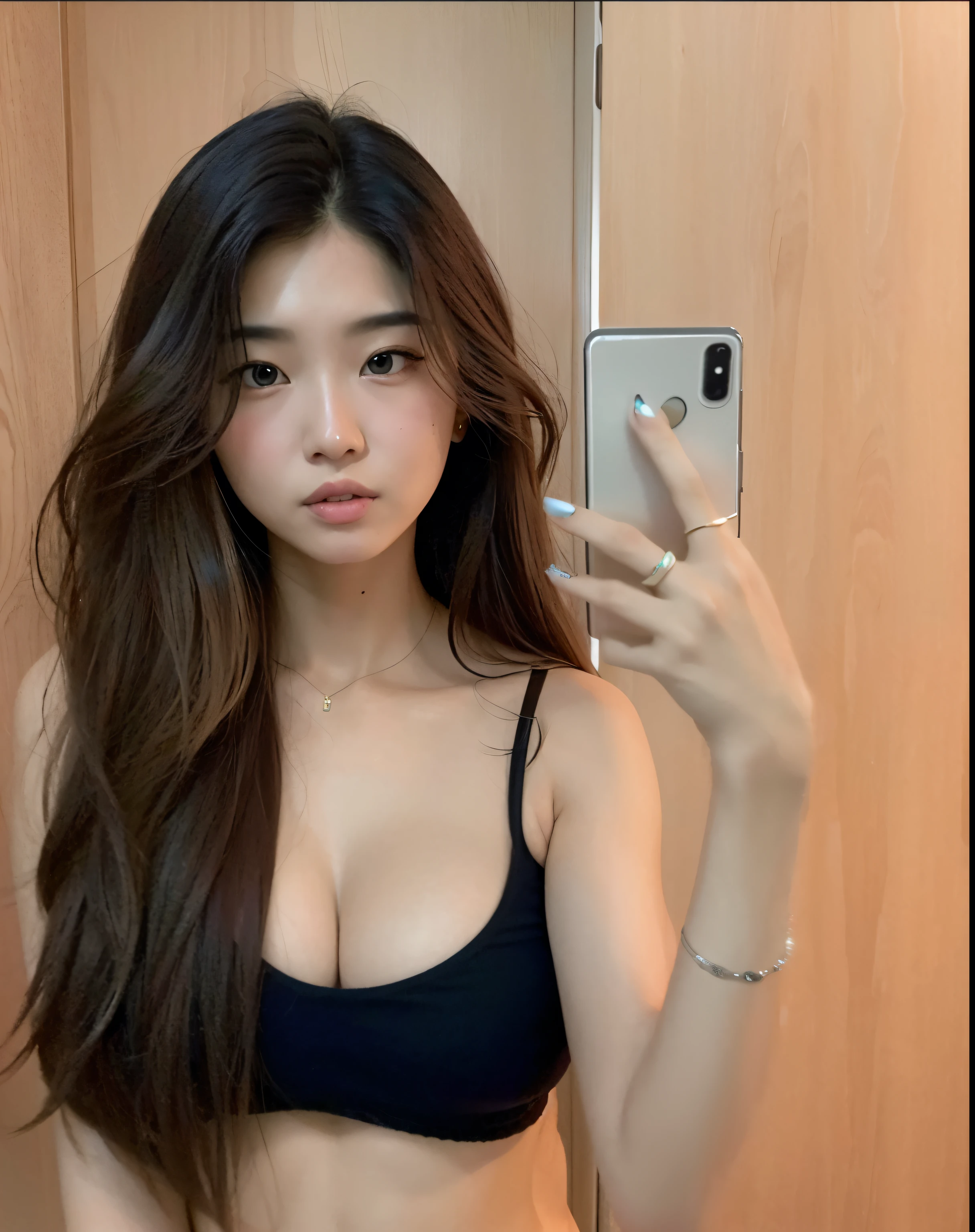 Asian woman araffed in a black top bra taking a selfie, Chica coreana, Hermosa mujer surcoreana, Hermosa joven coreana, ulzzang, Jaeyeon Nam, Hermosa joven coreana, 18 years old, beautiful asian girl, Modelo de Instagram, Jinyoung Shin, Heonhwa Choe, Asian girl with long hair, 19 year old girl