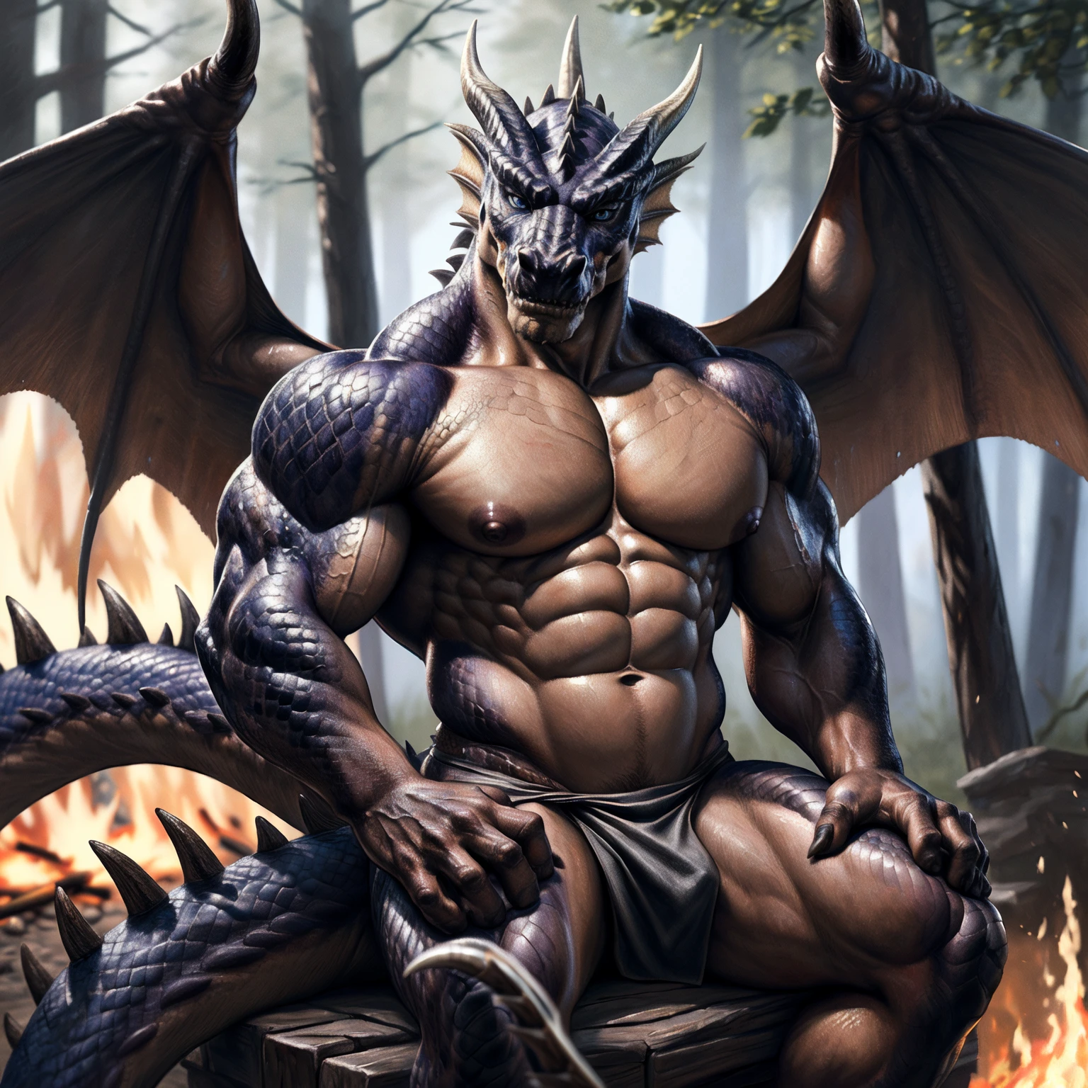 Big wings, Three-quarter view, (fatalis), dragon, (brown body), (brown fur), big loincloth, topless, looking at viewer, happy face, sitting front bonfire, detailed forest background, blue eyes, nipples, fitness muscular body, nipple focus, big bodybuilder body, muscular male, muscular, detailed muscles, detailed scales, bright scales, bright body, detailed face, high detailed, high resolution, high quality, detailed beautiful eyes, (muscular oblique), (muscular v-cut), (hard muscular butt), (wide muscular shoulder), (big muscular thighs), (detailed muscular abs), ((huge muscular pecs)), (big muscular biceps), muscular anthro, manly masculine male, full body portrait, by bruteandbrawn, by personalami, by kenket, (intricate, high detail, hi res, film photography, soft focus, RAW candid cinema, photorealism, realistic, photorealistic, analog style, subsurface scattering, best score, absurd resolution, masterpiece, best quality, ultra realistic, 8k)