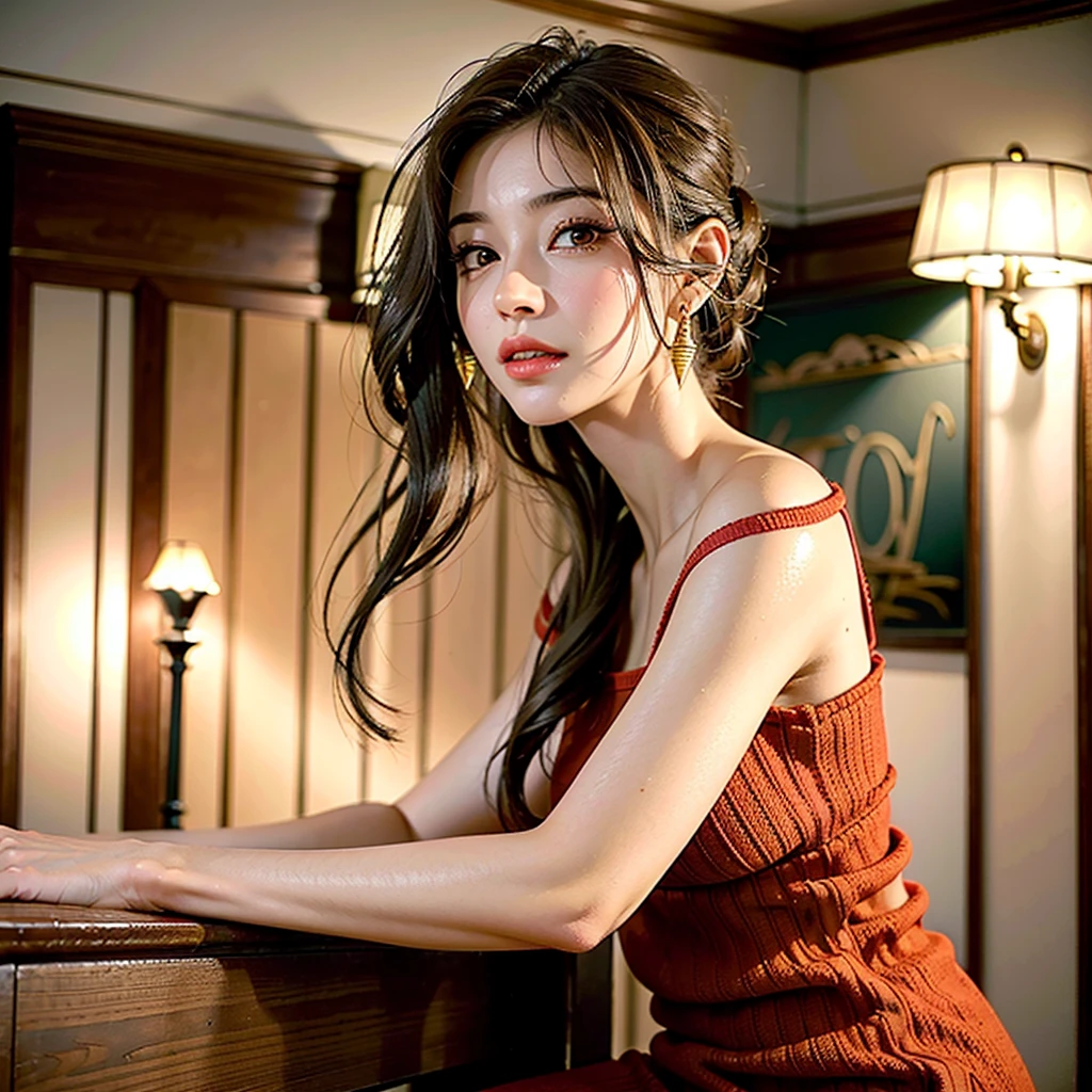 8k, detailed face, high quality, photorealistic, stunning eyes, long eyelashes, attractive facial features, flawless skin, light brown hair, tight waist, active posing, vivid colors, masterpiece, best quality, Drinking alcohol at a restaurant、((1 person)),1 person,(((Yol Forger)))、(Red knit dress)、Shoulder to shoulder