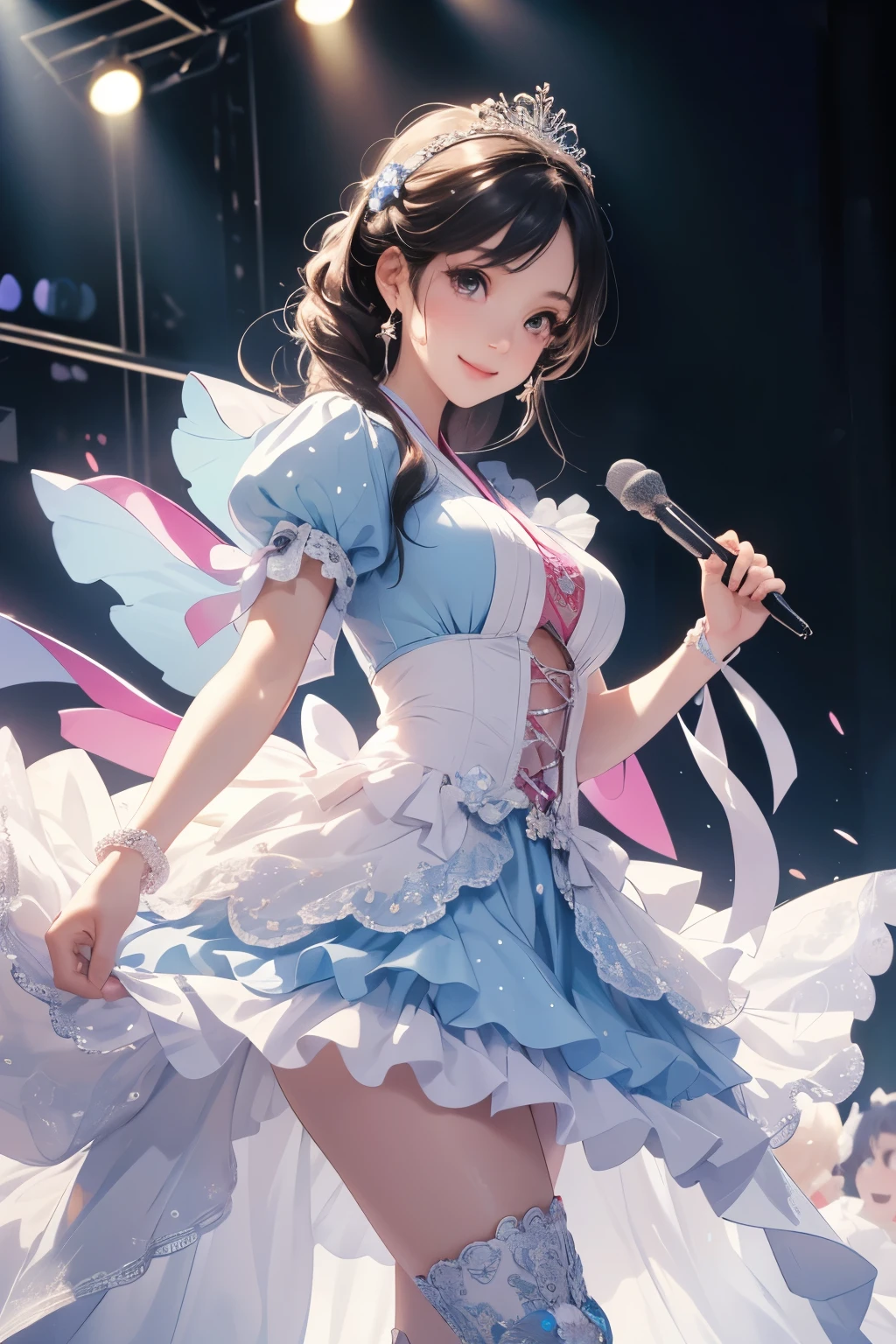 (best quality,4k,highres,masterpiece:1.2),ultra-detailed,(realistic,photorealistic,photo-realistic:1.37),A young woman wearing an idol costume, Colorful ruffled skirt, White and blue design, Ribbon and tiara accessories, White lace-up boots, Cheerful pose, Background is a white wall, Bright smile, Cute idol style, Stage Costumes, Feminine and cute style, Japanese idol culture, Pop and vibrant colors