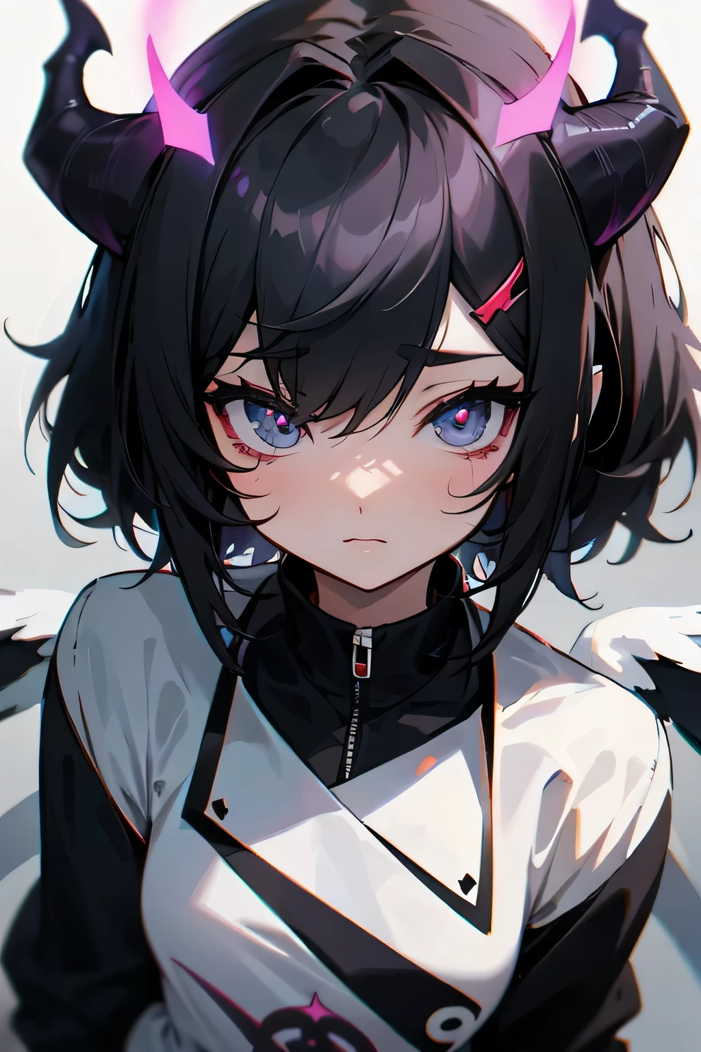 create for vtubing an anime cartoon like black hair female angel with demon horns not only a halo on her head