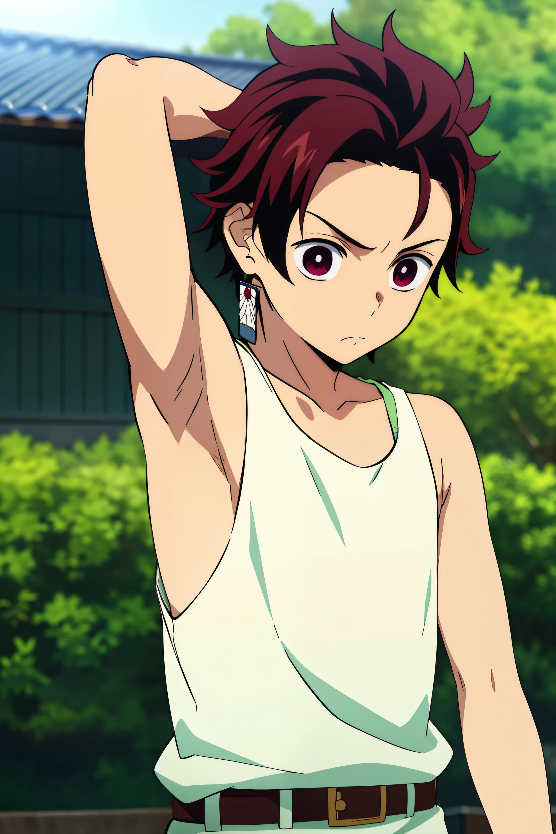 Highres, Masterpiece, Best quality at best,Best Quality,hight quality, hight detailed, Anime style, 1boy, Boy, Shota, Solo person, Tanjiro_kamado, Demon slayer, Earring, Tank top, Belt, Summer day, Slim body, Upper body, Blurry beckground, Seen from the front, (Showing armpit:1.3), (very young boy), (very small and short body), Uhd