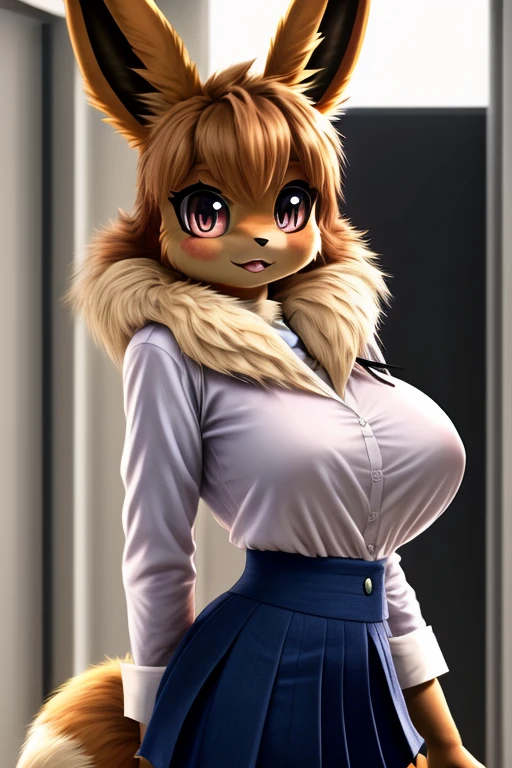 perfect face, Eevee (Pokemon), standing, very fluffy, college uniform, breasts, furry, 4k, 8k, perfect, realistic fur, female,