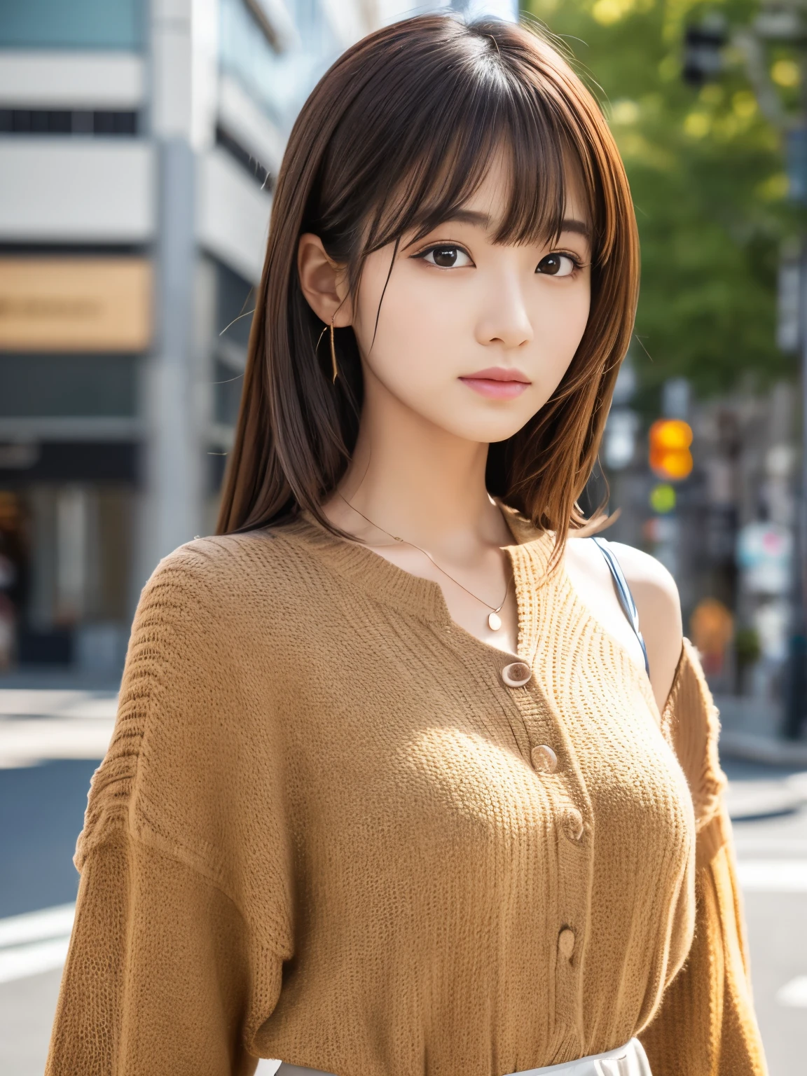 Ultra High Definition, Superior Quality, Premier Quality, ultra detailed, Photorealistic, 8k, RAW Photos, highest quality, masterpiece, Attractive girl, Stunning girl, Brown Hair, Shoulder Length Layered, asymmetrical bangs, Japanese Idol, Sophisticated, Stylish, blouse,Shibuya, 