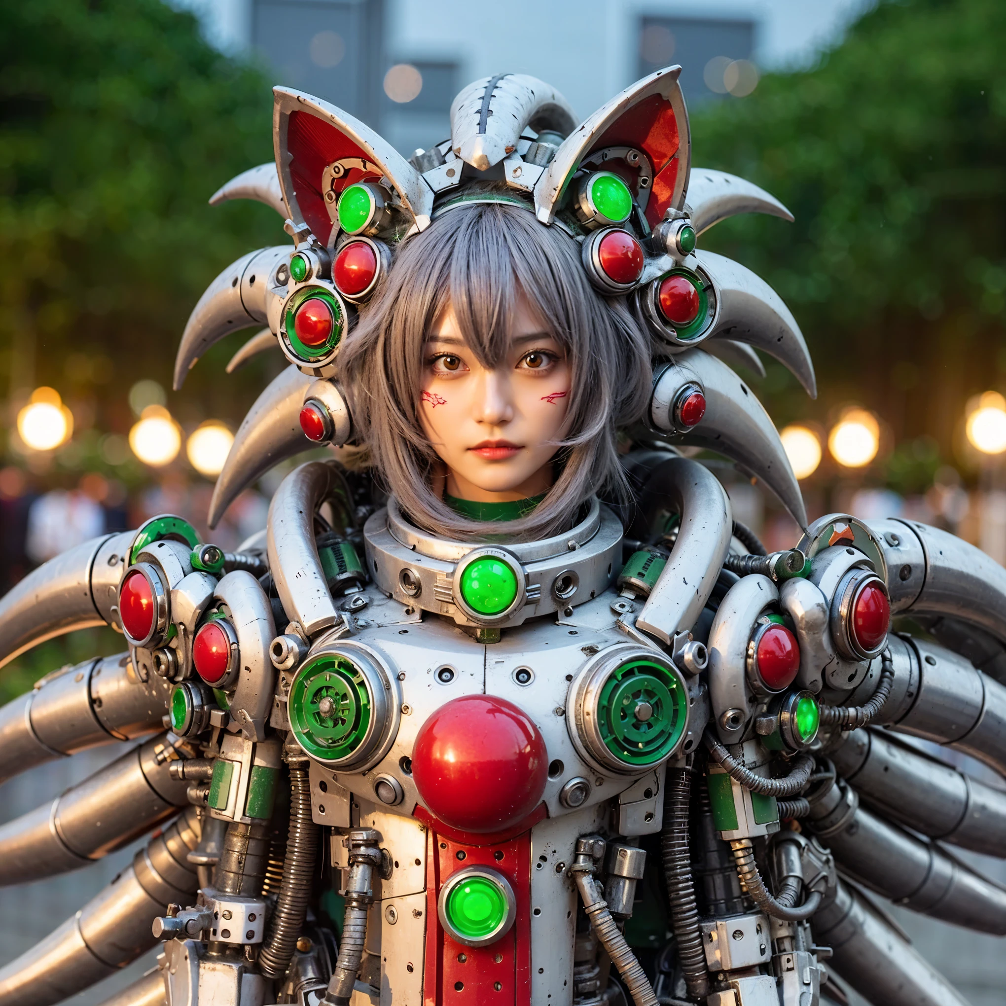 Masterpiece, (ultimate quality:1.2), 8k, Japanese woman in hedgehog-type powered suit, silver base with green and red accents, very beautiful face, mechanical, (mechanical bat wings), hydraulic cylinder, power pipe, ultimately intricate details, full body shot, (ultimate photo Realistic:1.37), Park with a beautiful view at night, (Steampunk: 1.2), (biopunk), Full body photo, Wide-angle shot, Please generate at least 4 photos.