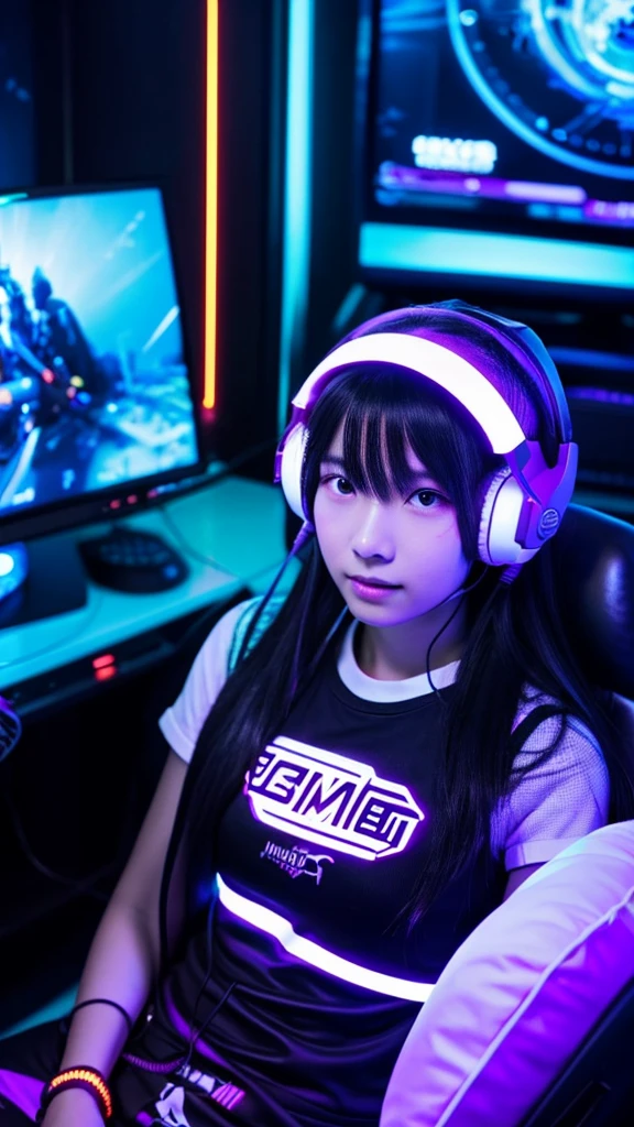 a beautiful  aged 7  with long black hair, wearing a gaming headset, wearing gaming clothes, is sitting in front of a computer in her room lit by purple neon lights