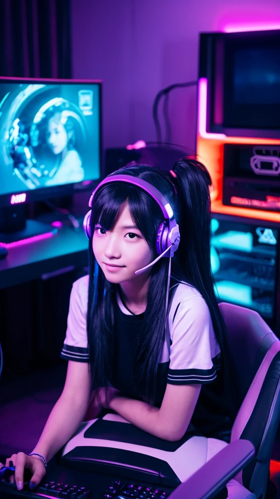 a beautiful  aged 7 years with long black hair, wearing a gaming headset, wearing gaming clothes, is sitting in front of a computer in her room lit by purple neon lights