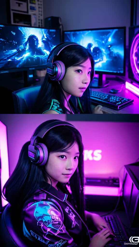 a beautiful aged 7 with long black hair, wearing a gaming headset, wearing gaming clothes, is sitting in front of a computer in her room lit by purple neon lights