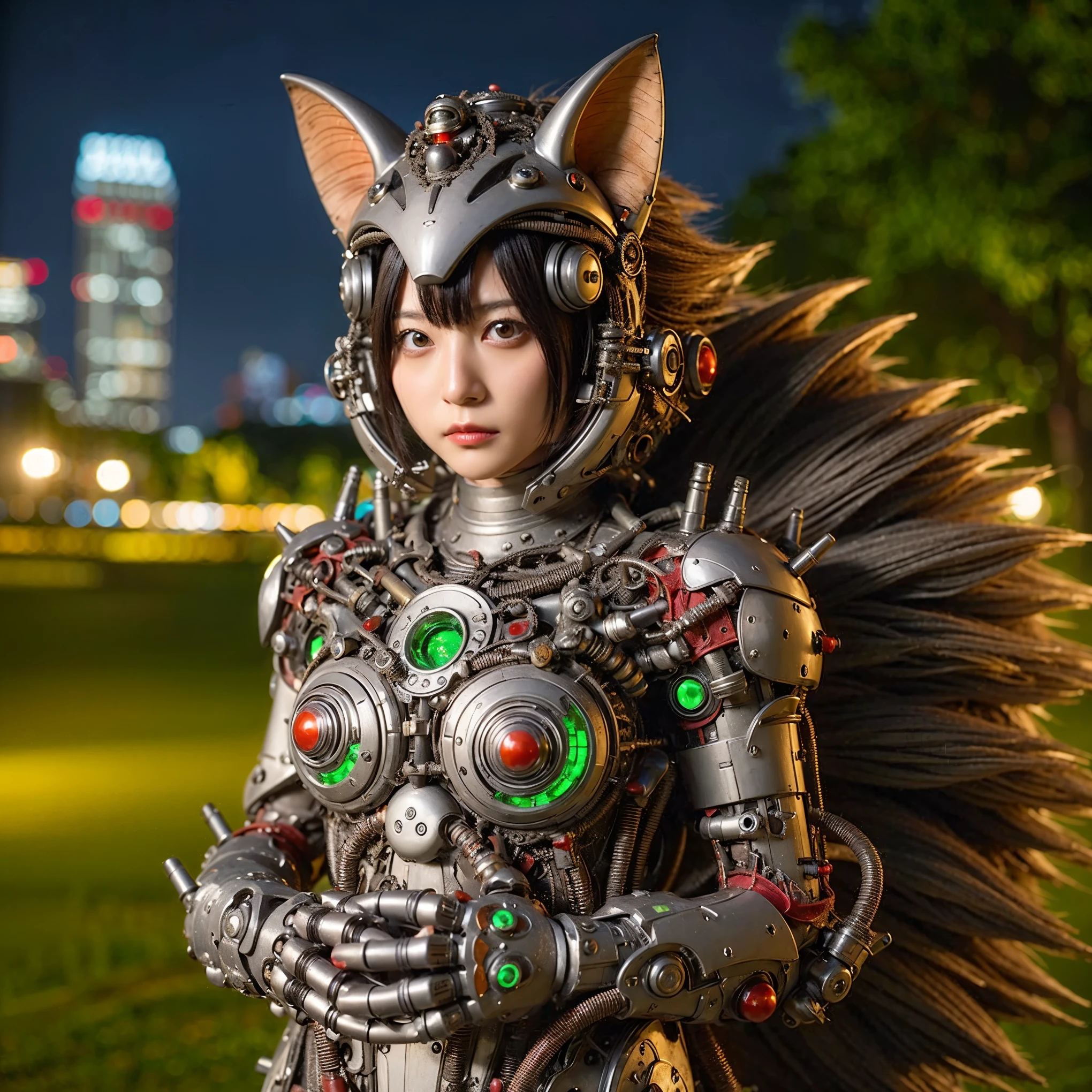 Masterpiece, (ultimate quality:1.2), 8k, Japanese woman in hedgehog-type powered suit, silver base with green and red accents, very beautiful face, mechanical, (mechanical bat wings), hydraulic cylinder, power pipe, ultimately intricate details, full body shot, (ultimate photo Realistic:1.37), Park with a beautiful view at night, (Steampunk: 1.2), (biopunk), Full body photo, Wide-angle shot, Please generate at least 4 photos.