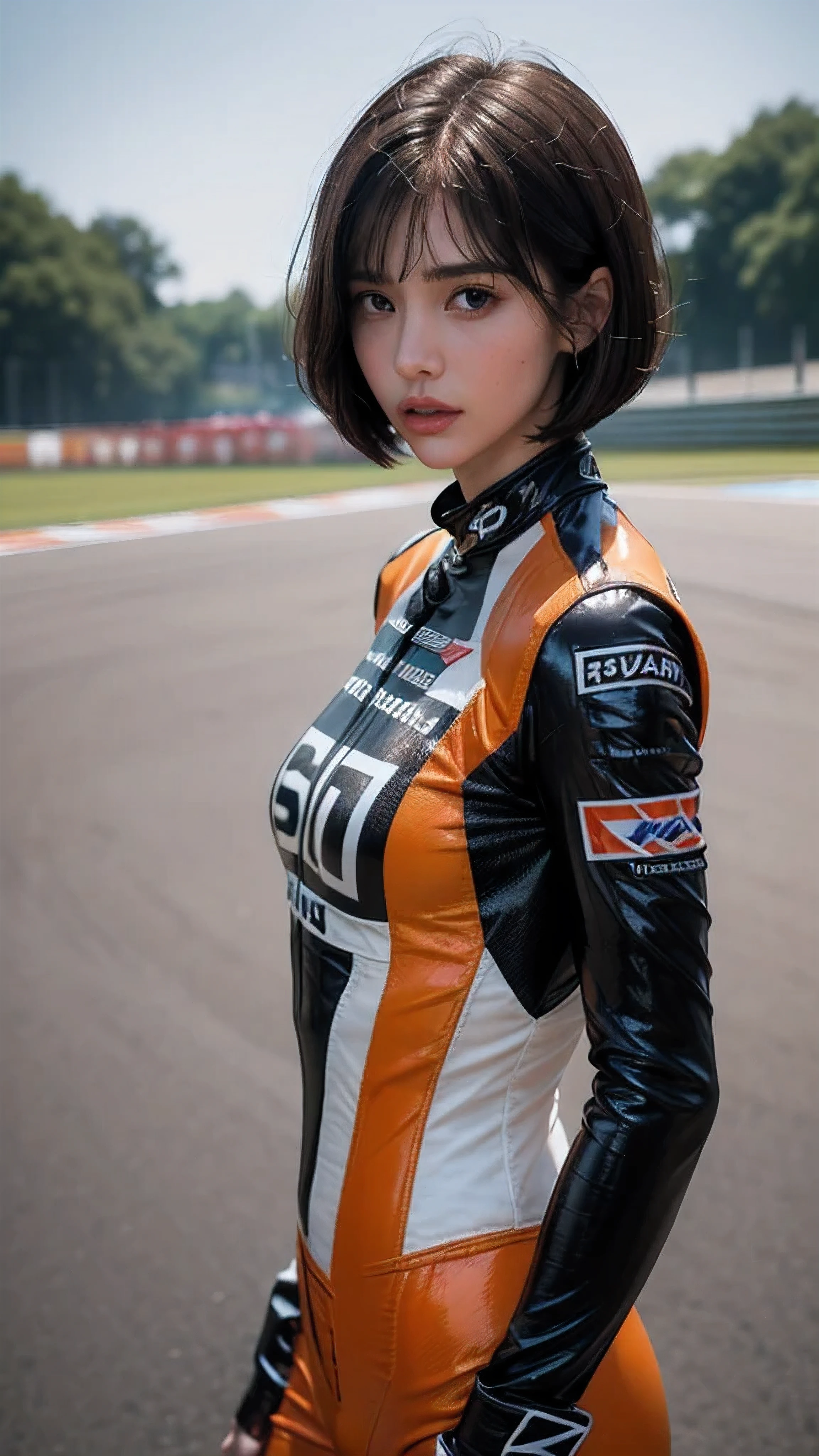 Bust up shot, Dynamic Lighting, (highest quality:1.4), 32K resolution, (Realistic:1.5), (Ultra-realistic:1.5), High resolution UHD, (masterpiece:1.2), (Improvement of quality:1.4), (1.lady), Supermodel, Female rider, 21 years old, Perfect ???????:1.37, Standing pose, (Wearing a super shiny racing suit:1.37), (Wearing a long-sleeved racing suit:1.1), (Wearing an orange racing suit:1.21), (Many suits with logos), Racing Gloves, Have a helmet:1.21, (On the vast racing circuit:1.37), (Outdoors on a sunny day;1.37), Shut your mouth, Detailed eyelashes,  Sharpen your eyebrows, [Pink lipstick:0.8], (Super lethargic details:1.25), (Bright pale complexion), Symmetrical eyes, Natural Makeup, ((A great eye for quality:1.2)), (tired, Sleepy and satisfied:0.0), (Beautiful Lips:1.33), (Great nose:1.2),  (Flat Chest), (Slim lower body), Shiny brown hair, Let your bangs hang long, (Bob Cut Hair:1.21), ((Realistic)), ((Sharp focus)), ((The most ridiculous quality)), (Ultra-high resolution:1.6), Emotional and spectacular cinematic lighting,