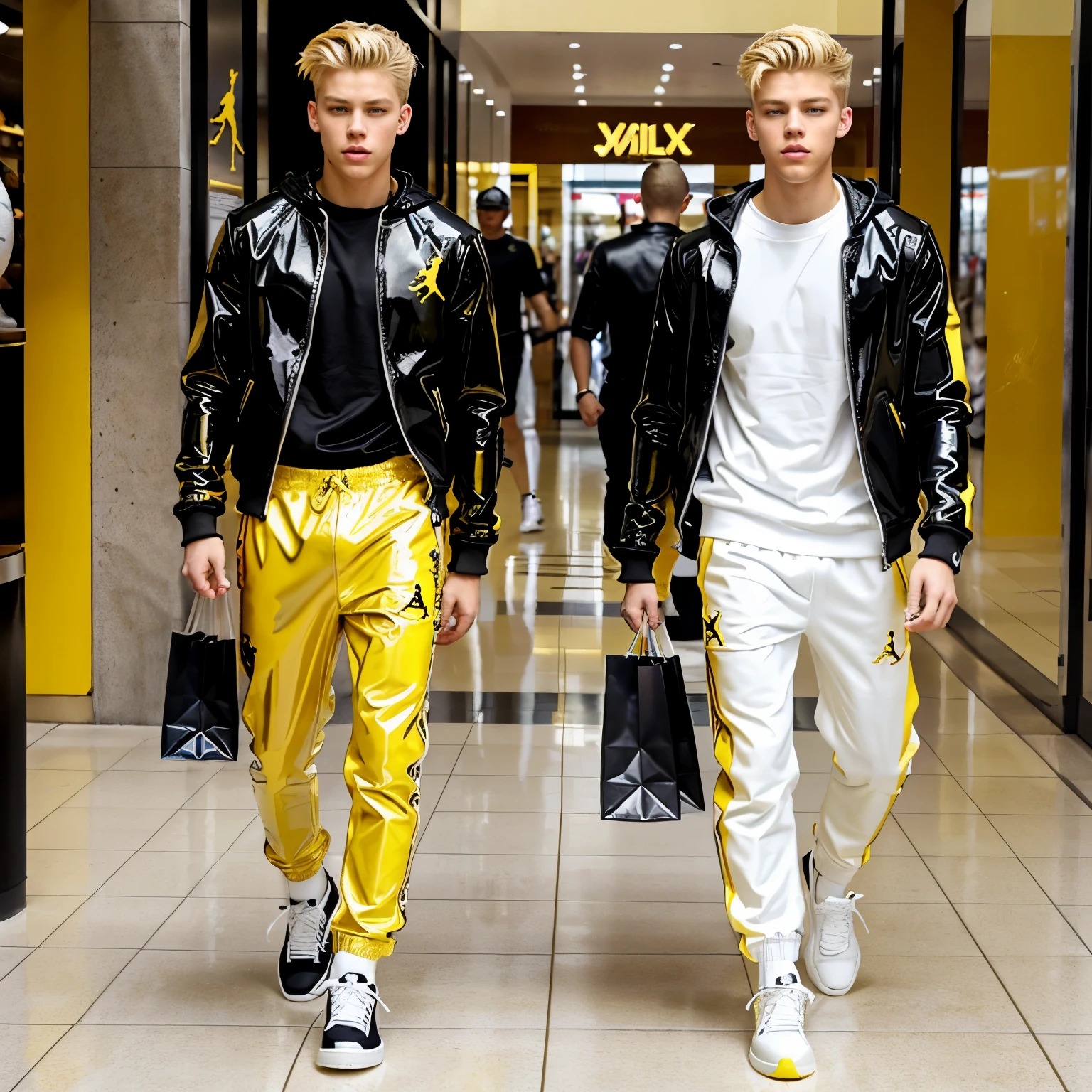 full view full body , in mall, two white young different white male white blond teenagers Austin Butler and Lucky Blue with undercut haircuts, on shopping tour, wearing shiny yellow-black latex tracksuits, white socks, golden rings, huge white, black and yellow Jordan hi-top sneakers
