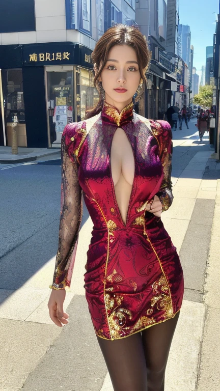 (masterpiece:1.2, highest quality、Ultra-high resolution), Realistic, (live-action, Intricate details, Written boundary depth,High-neck clothes), Lips parted, Very detailed, Perfect Face, Perfect body, Mature Woman, expensive, Long legs, (((A randomly colored costume with a large open chest,ランダム色の露出度のexpensive衣装))),Random Hairstyles、skirt、silk pantyhose、High heels、Portrait、Cityscape, She is standing on a street lined with skyscrapers、Dramatic lighting