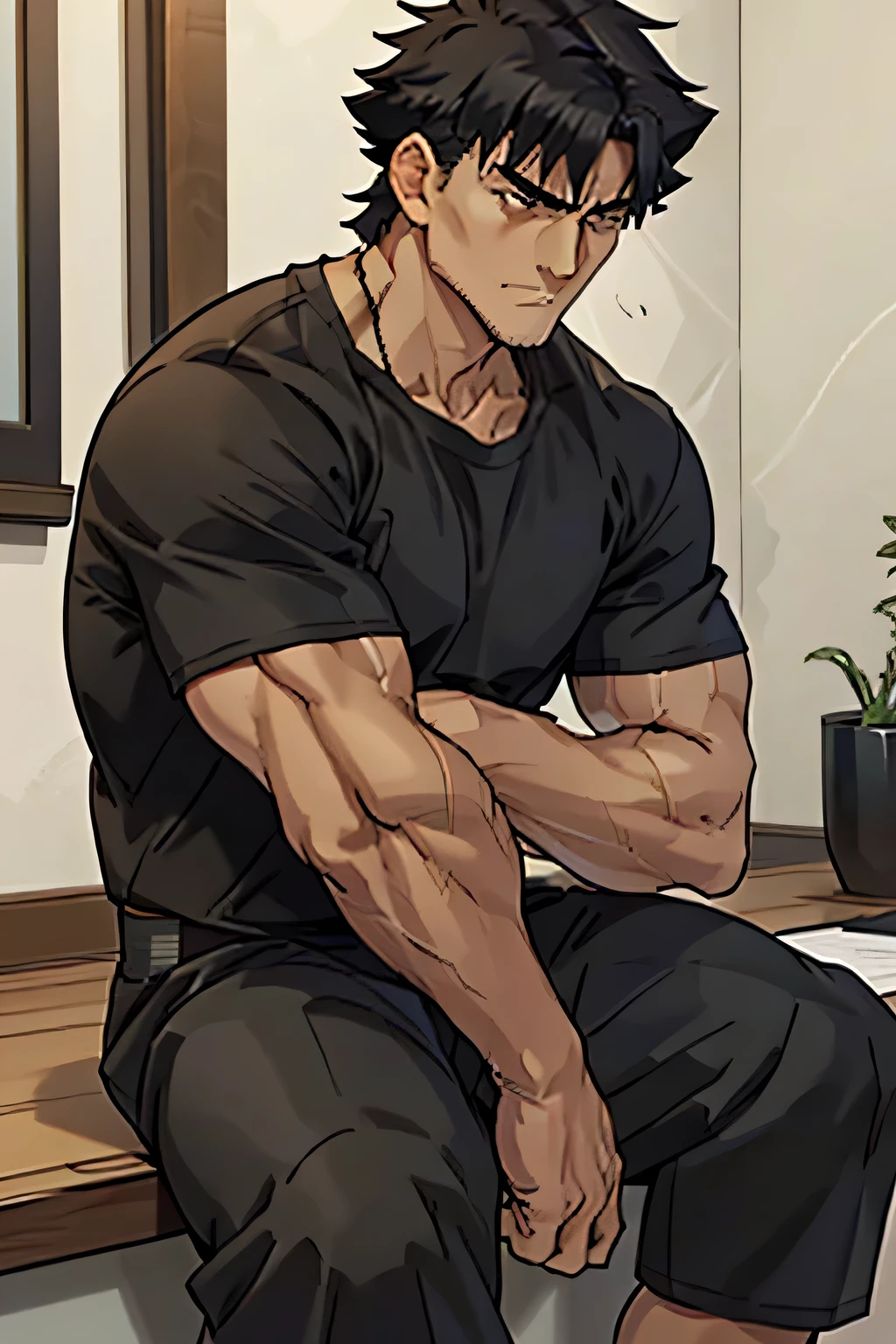 Kiritsugu is sitting and flexing his biceps and abs. He wears black shorts. You can see his thighs. He looks annoyed. He has bulging veins on his arms. He wears a black tshirt with short sleeves. His sleeve is completely rolled up so you can see his entire arm and shoulder. He is showing his abs too.
