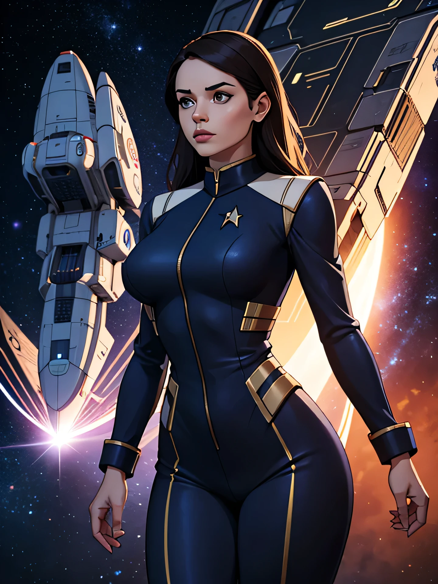 Masterpiece, digital artwork, A gorgeous Beautiful human female standing, huge breasts, wide hips, Star Trek uniform, star trek  enterprise spaceship background, highly detailed ,  dynamic volumetric lighting, intricately detailed, 