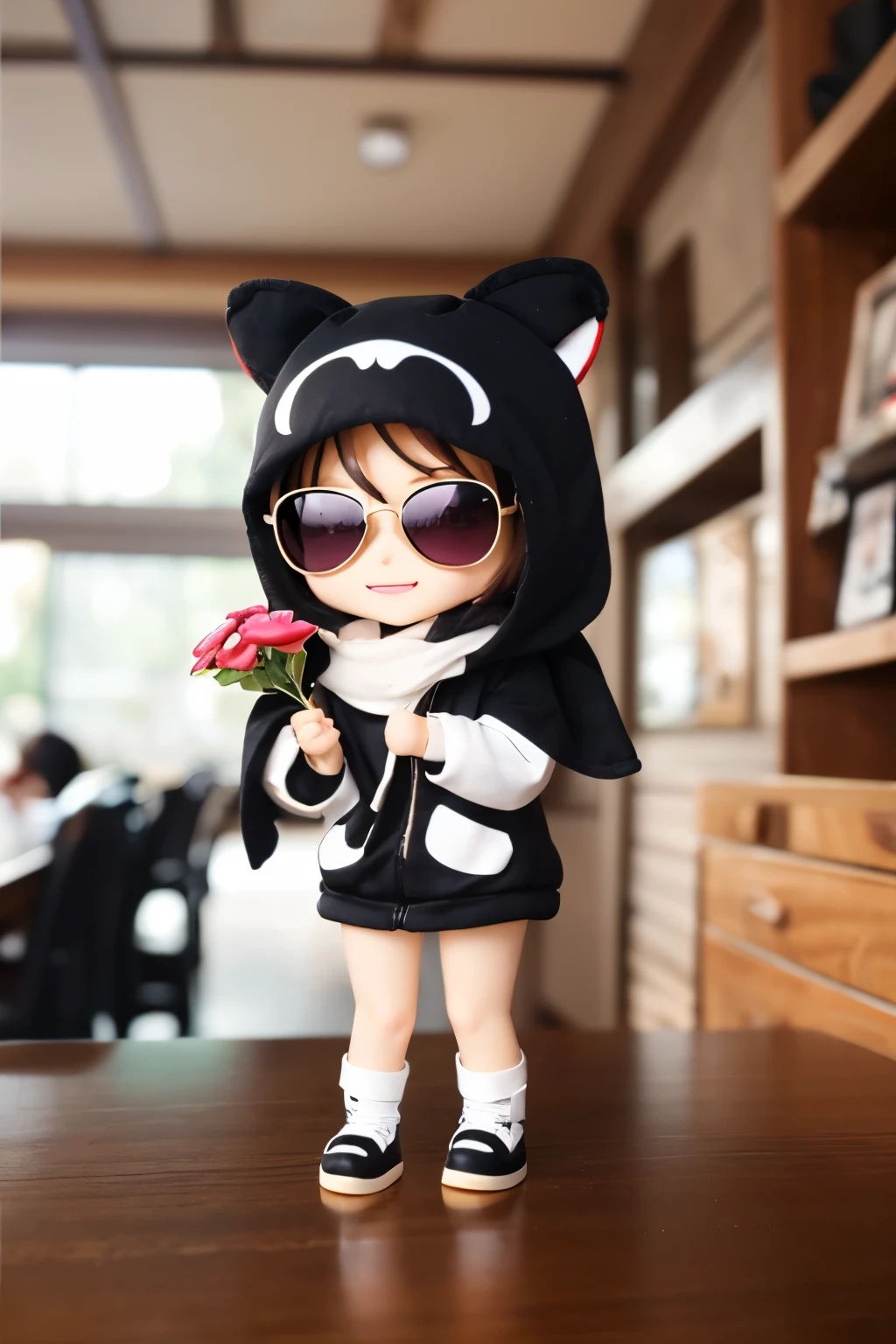(sunglasses, Chibi:1.3), happy, (holding a bouquet), full body, (Kigurumi), indoors, on the table, (Nendoroid:1.1),