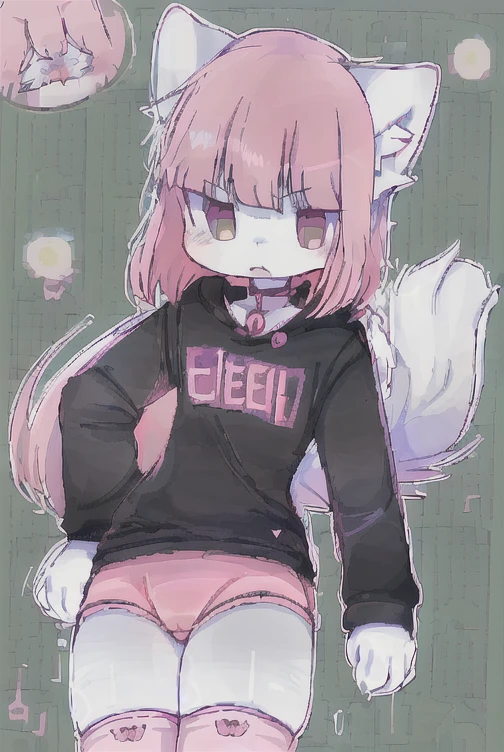 Anime boy with pink shirt and white crotch, und eine rosa Katze, fursona!!!!, female furry mini Niedlich style, Niedlich anime catboy, pelzige Fursona, Pelzige Kunst!!!, Holo is a wolf girl, pelzige Furaffinität, fursona art, Nyaruko-san, weibliche Fursona, nekomimi, Anime-Catboy, Fursona-Auftrag, Allein, dick_Schenkel, white outline, Niedlich, shy, Allein, freier bauch, freie pelzige Oberschenkel, round hips, pink fluffy stockings, breitbeinig, clean