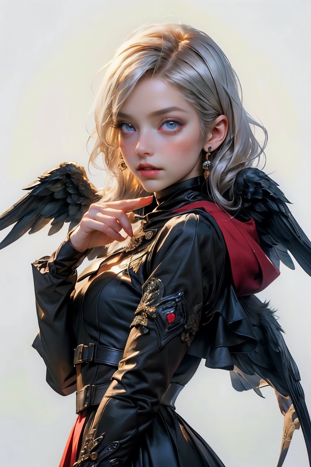 ((best quality)), ((masterpiece)), (detailed), perfect face, ((best quality)), ((masterpiece)), (detailed), perfect face(Golden ratio:1.2),(Fault color:1.3),[(White background:1.4)::10], (full bodyesbian:1.2),(Ultra-detailed:1.3), （white color background）white background, plain background (colorful ink paper flower grow on the face:1.2), teens girl，White hair，Red glowing eyes, photorealestic,（（（Red and white trench coat））），（Red scarf)，a black pleated skirt，black t-shirts，longer sleeves，（（With a hood）），((Multiple pairs of angel wings))，side-lighting, NSFW, Depicting female characters from ethereal anime in a high-quality anime art style，，，8K，Red and white shoes with a sense of technology，(chaotic geometric images:1.3),(nagative space:0.8),(Drawing board:1.3), (ether colorful ink flowing:1.3), a knight, white background, plain background, Bloodborne inspired, tatty Bloodborne attire, occult aesthetic, occult, tatty red and white clothing detailed and intricate steampunk and detailed gothic lolita (with a hood), long coat, Complex laced boots, Fluttering lace flared long knee length dress with frilly petticoats, long dress, knee length dress, pleated petticoats, lolita dress, petticoats gothic lolita, beautiful small breasts, (((( Highly detailed face))), small thin nose, Small thin lips mouth, (((Very sharp focused eyes))), Very large slit precision pale grey eyes that shine like jewels. very long eyelashes, Silver hair swaying in the wind, Emitting a dazzling light in a mandala pattern, white background, Very dramatic and cinematic lighting, tatty damaged old red and white clothing, full body, whole body, body, cosmic horror, grim dark