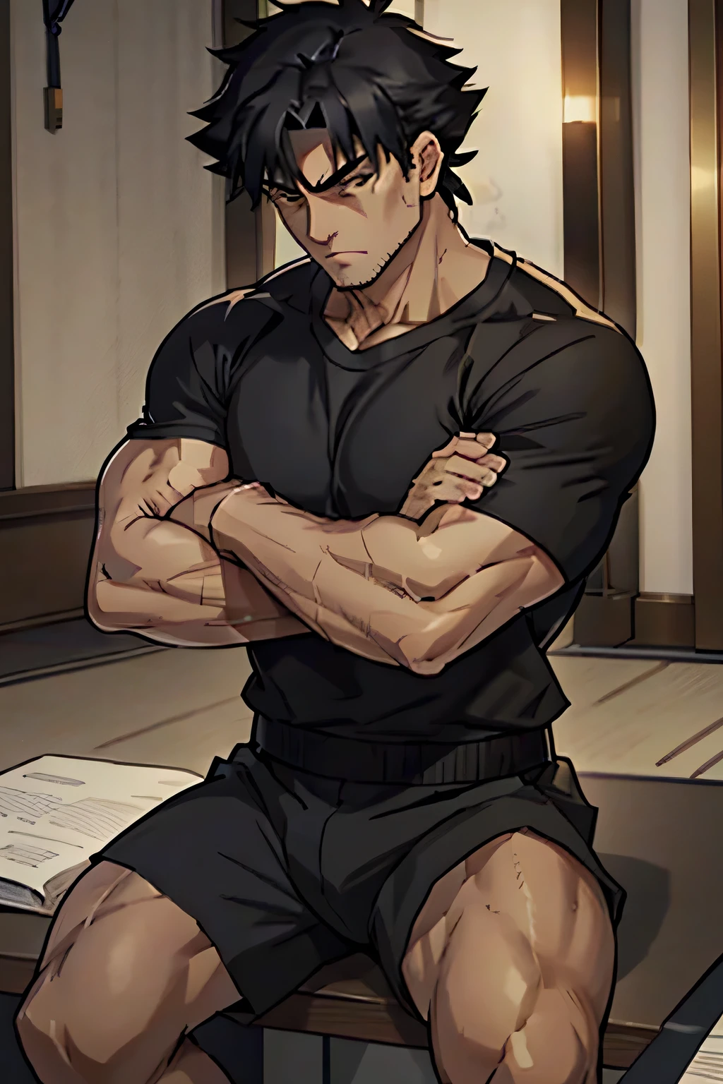 Kiritsugu is sitting and flexing his biceps and abs. He wears black shorts. You can see his thighs. He looks annoyed. He has bulging veins on his arms. He wears a black tshirt with short sleeves. His sleeve is completely rolled up so you can see his entire arm and shoulder. He is showing his abs too.