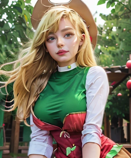 Apple Jack, Apple Jack from my Little Pony, Apple Jack in the form of a girl, long hair, voluminous breasts, very large breasts, lush breasts, bulging breasts, green and red clothes, cow boy hat, picks apples, forest background, apple farm, emerald eye, blonde yellow hair