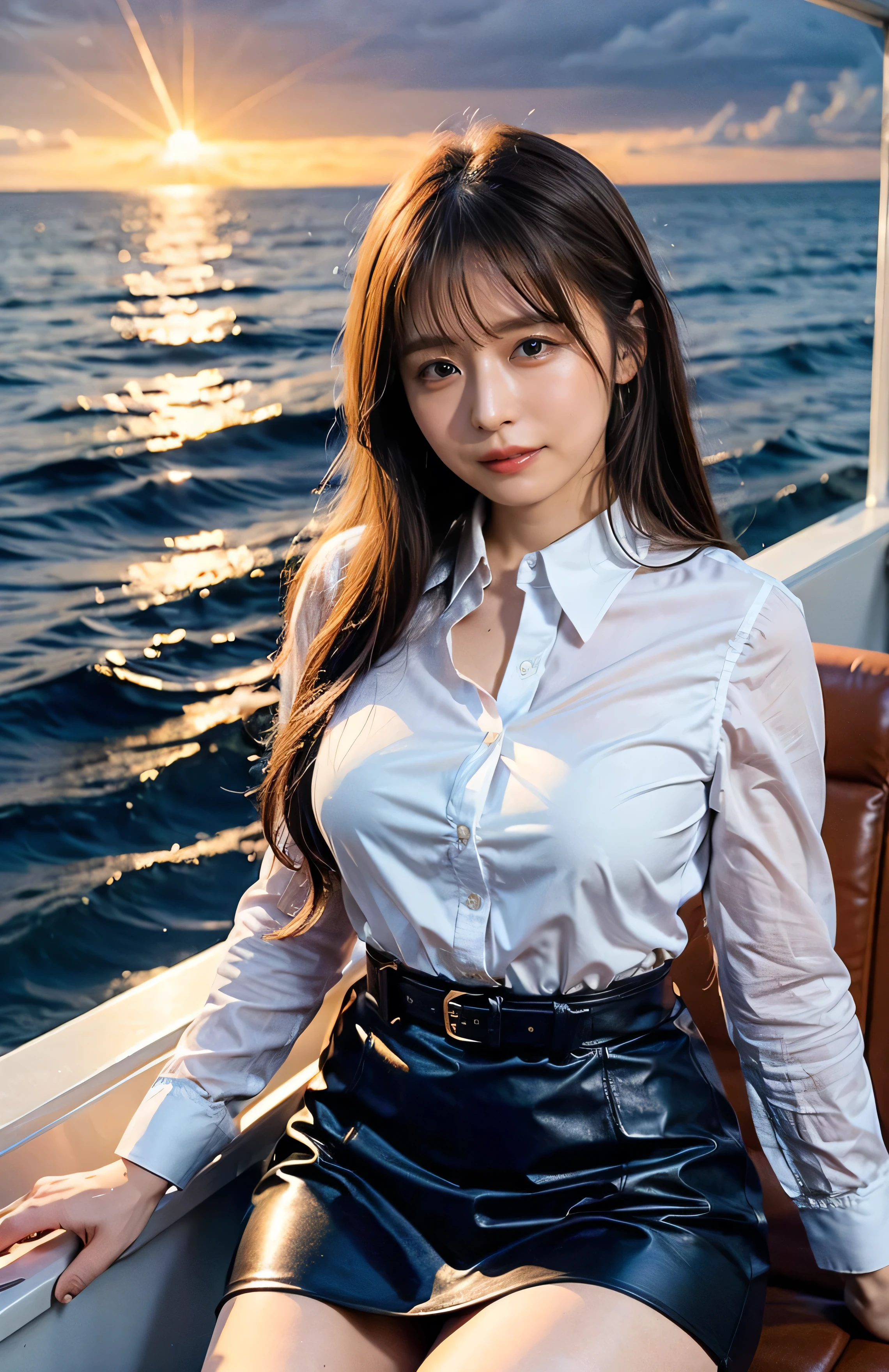Gray background、pubic hair、Large Breasts、Thighs、Red lipstick、Cute woman、high school girl、White shirt、(Navy blue skirt)、smile、Open chest shirt、(A polka dot shirt that was wet and showed her underwear)、Wet Hair、Gazing at the sea、smile、On the boat、Raising his arms、Looking from below、Cloud、blue sea、(Hair tousled by the wind)、