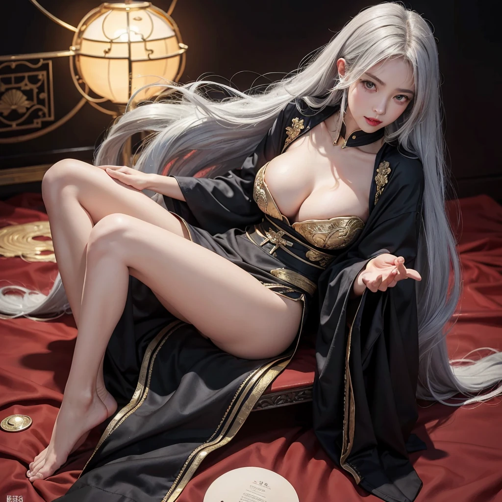 realistic, high resolution, 1 woman, mature woman, alone, Tattoo, gray hair, long hair, assembly, red lips, queen dress, Image from head to toe, only standing, standing full body image, realistic, high resolution, 오직 1 woman, 오직 alone, look at the viewer, (detailed face), gray hair, silver hair, long hair, feet up, beautiful eyes, Huge big breasts that are about to explode, golden armor, BLACK & GOLD gi, transparent, pantyhose, bare shoulders, Dripping tops, Visible nipples, look at the viewer, Orientalism, My chest is very hollow, breasts fully exposed, glamour, K cup, Bewitching, Crotch that is barely visible, ancient japanese background, realistic hands, realistic feet and legs, live action, Banla, masterpiece, very pretty face, Exposed breasts, 2 hands with 5 fingers each, Two feet with five toes each, Yukdeok, Voluptuousness