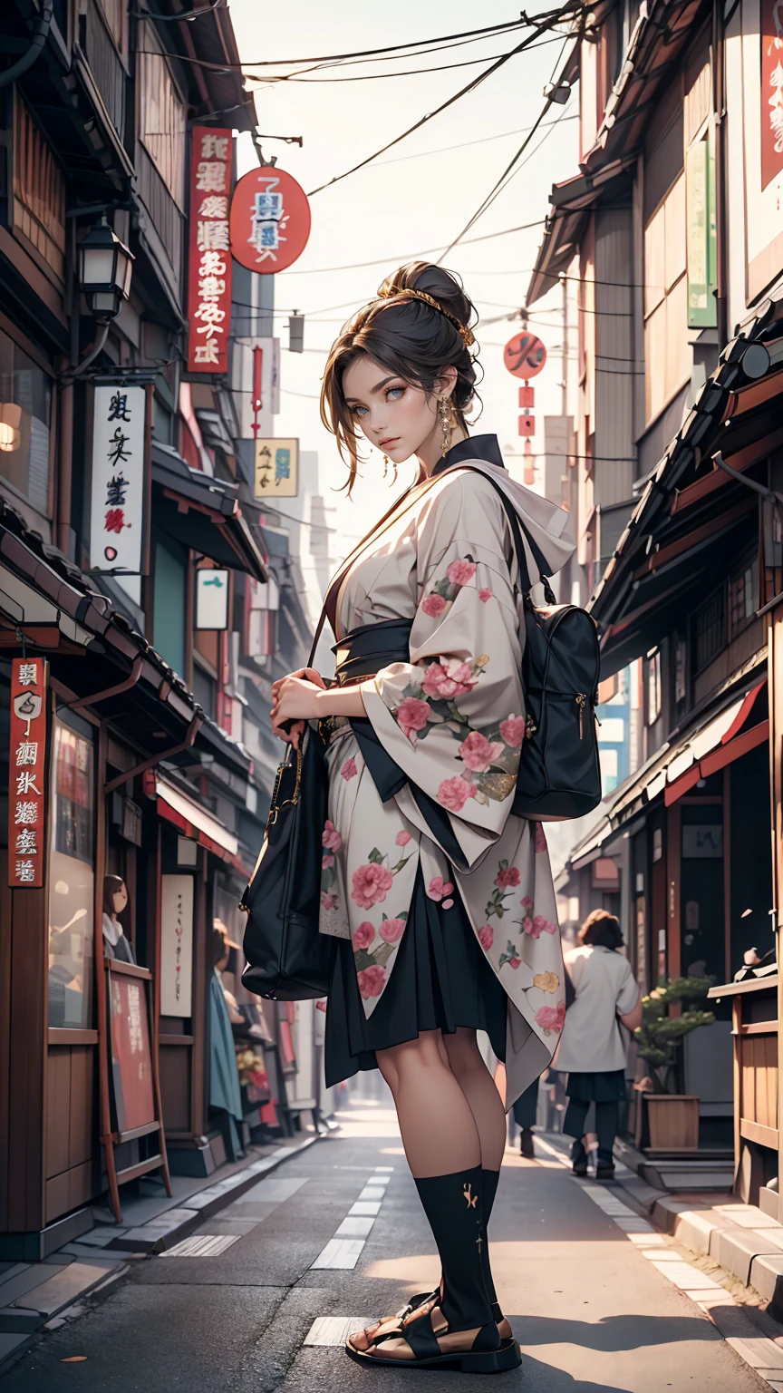 masterpiece, highest quality, 8k, Photographic reality, Realistic, Octane Rendering, Busy streets of Japan (1 female: 1.4), (There's only one woman on screen: 1.3), (White shirt), (Long golden hair), (Hip wrap skirt), (blue eyes) Upper body display