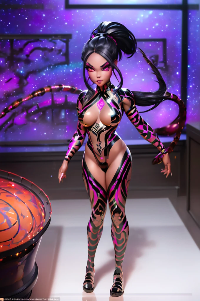 a beautiful, buxom alien woman with red skin, black eyes, wearing a sexy metallic clothing tape, has a scorpion tail and scorpion features, standing in a bedroom, looking around, with a UFO outside the window, (best quality,4k,8k,highres,masterpiece:1.2),ultra-detailed,(realistic,photorealistic,photo-realistic:1.37),detailed eyes,detailed lips,extremely detailed face,longeyelashes,mystical,science fiction,dramatic lighting,cinematic,vibrant colors,HDR,UHD,studio lighting,ultra-fine painting,sharp focus,physically-based rendering,extreme detail description,professional,vivid colors,bokeh