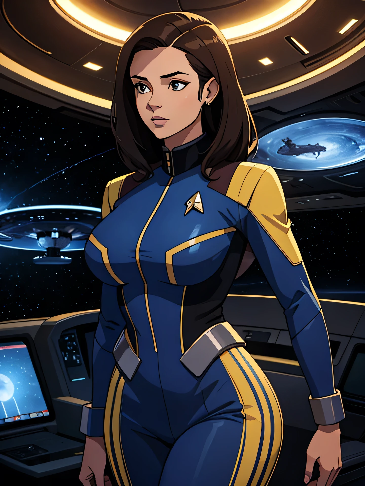 Masterpiece, digital artwork, A gorgeous Beautiful brunette woman in star Trek uniform, standing, huge breasts, wide hips, star trek  enterprise spaceship background, highly detailed ,  dynamic volumetric lighting, intricately detailed, 